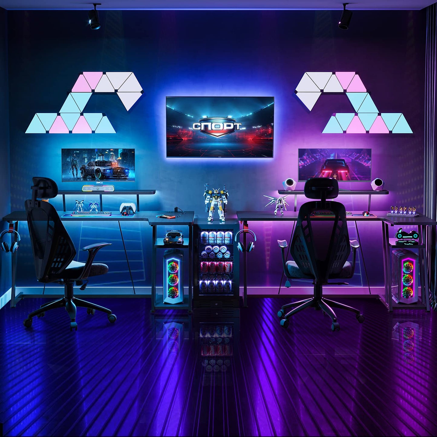 MOTPK Gaming Desk with LED Lights & Power Outlets, 55 Inch L Shaped Gaming Computer Desk with Storage Shelf & Monitor Stand, PC Table with Carbon Fiber Texture, Black