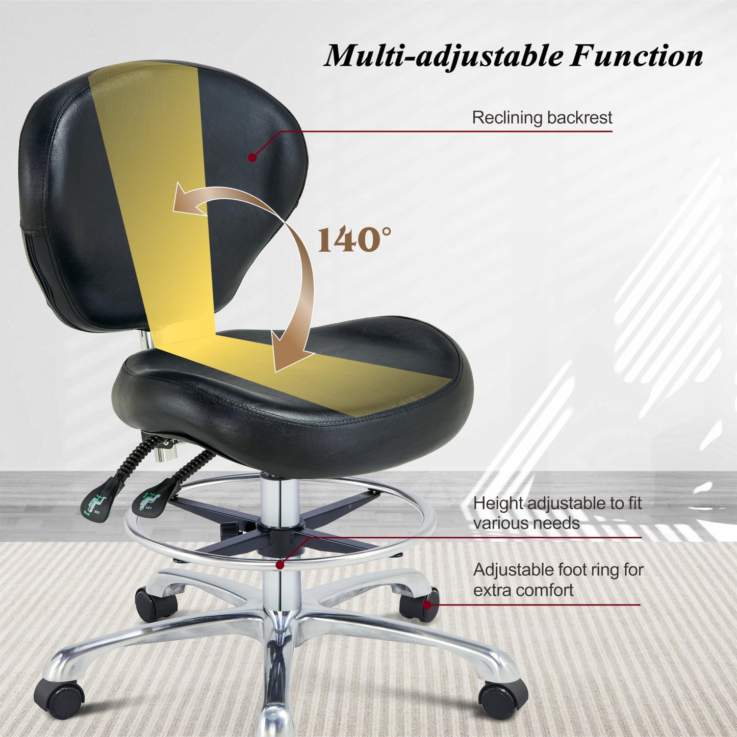 HNKastela Drafting Stool Rolling Chair with Back Support - Height Adjustable Shop Chair with Wheels for Home Office, Studio (Black)