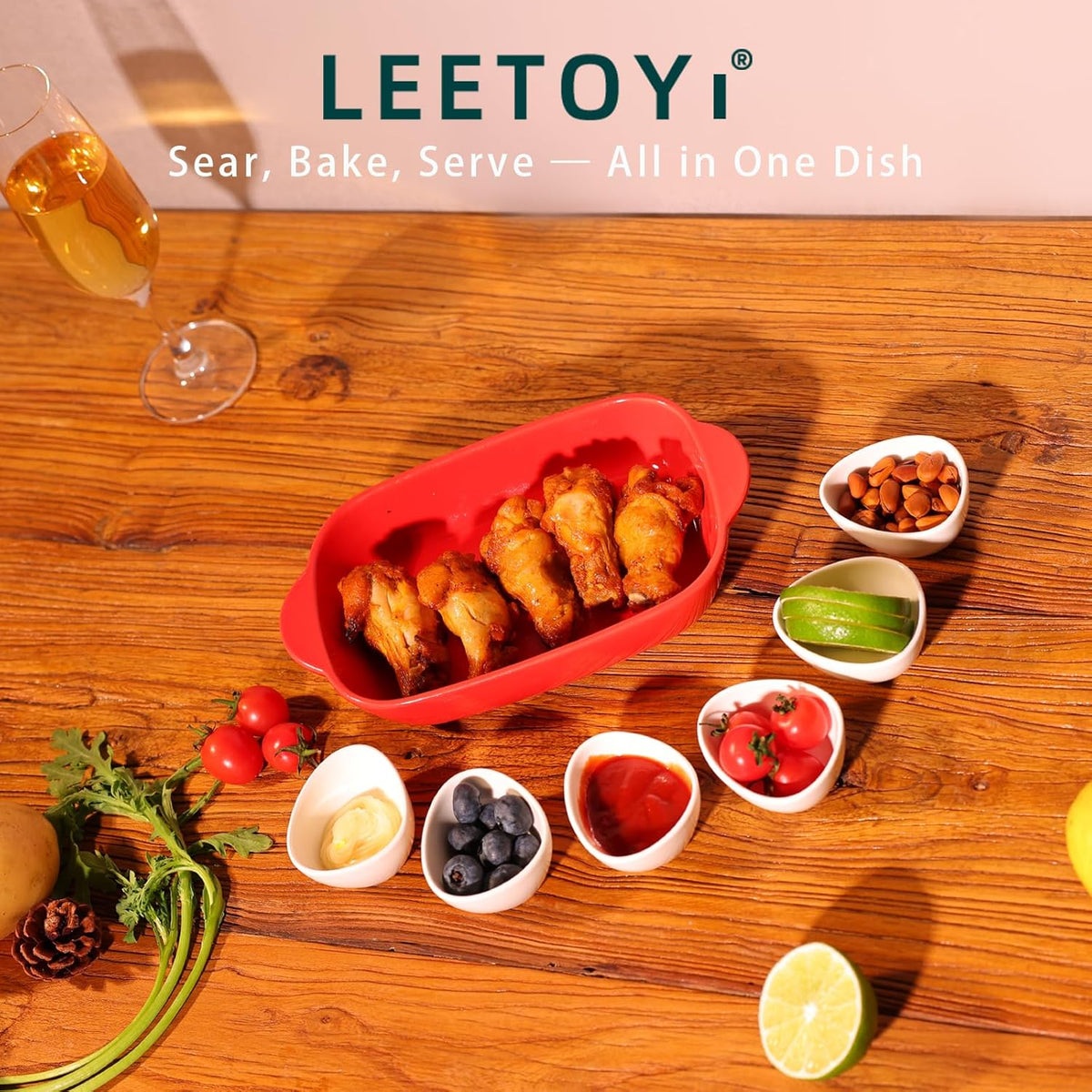 LEETOYI Ceramic Small Baking Dish 7.5-Inch Set of 4, Rectangular Bakeware with Double Handle, Baking Pans for Cooking and Cake Dinner (Red)