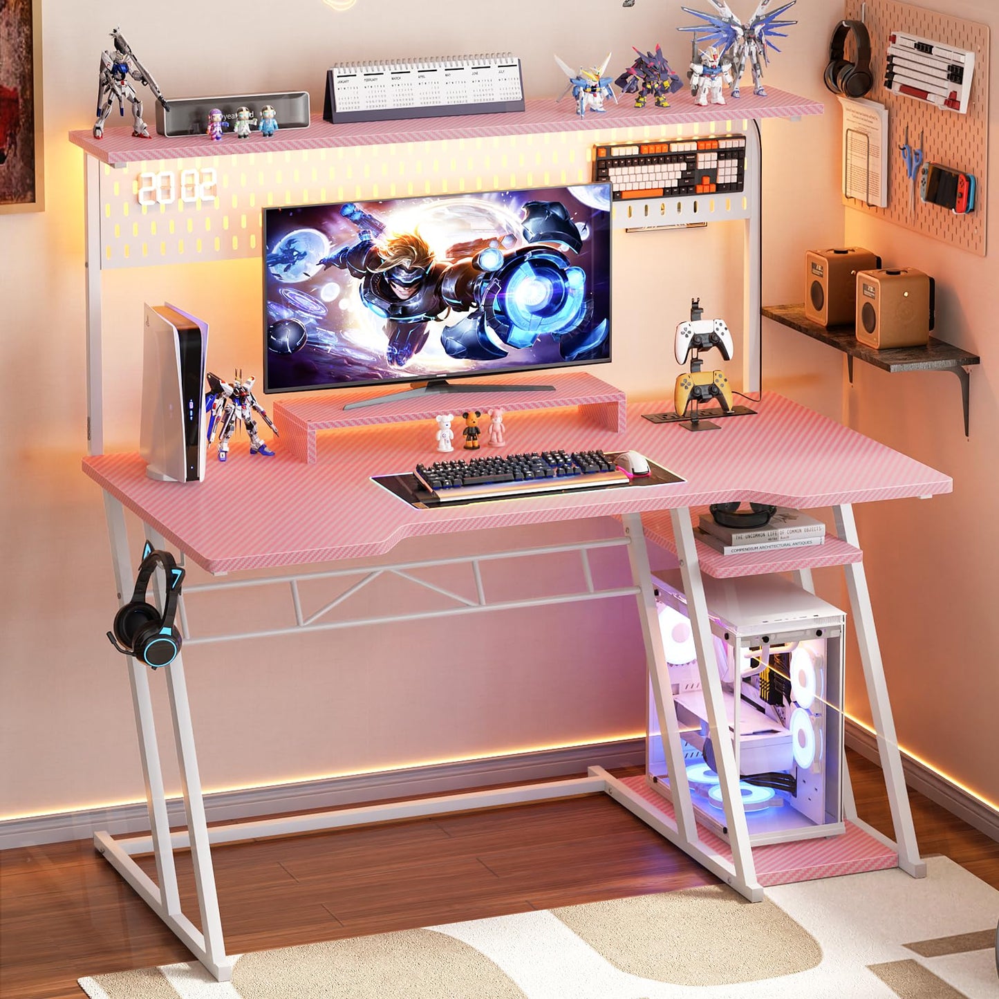 Armocity Gaming Computer Desk with Power Outlets, Gaming Desk with Hutch and LED Lights, Reversible PC Gaming Desk with Pegboard, Carbon Fiber Pink, 47"