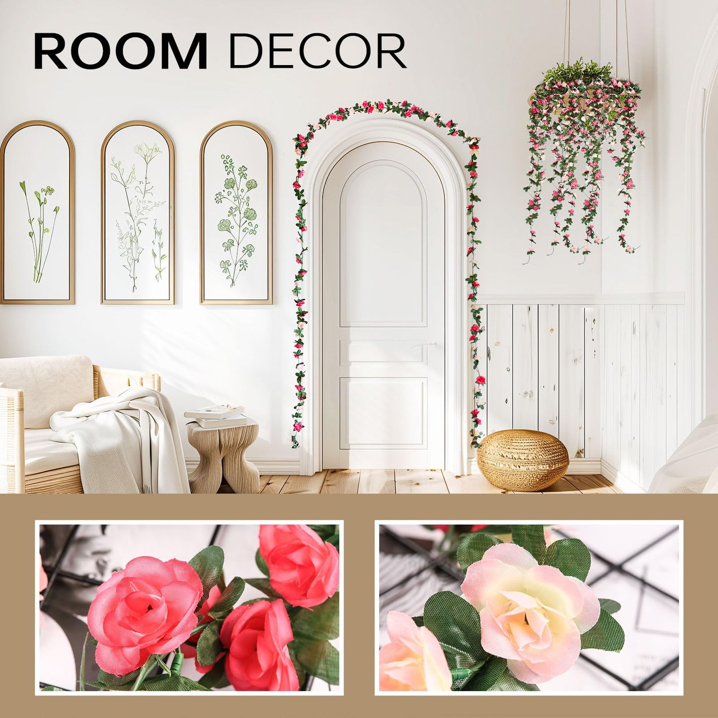 Miracliy 5Pcs 41FT Pink Flower Garland Artificial Rose Arch Vines Fake Spring Floral Garland for Flower Wall Backdrop Wedding Mothers Day Garden Tea Party Decoration