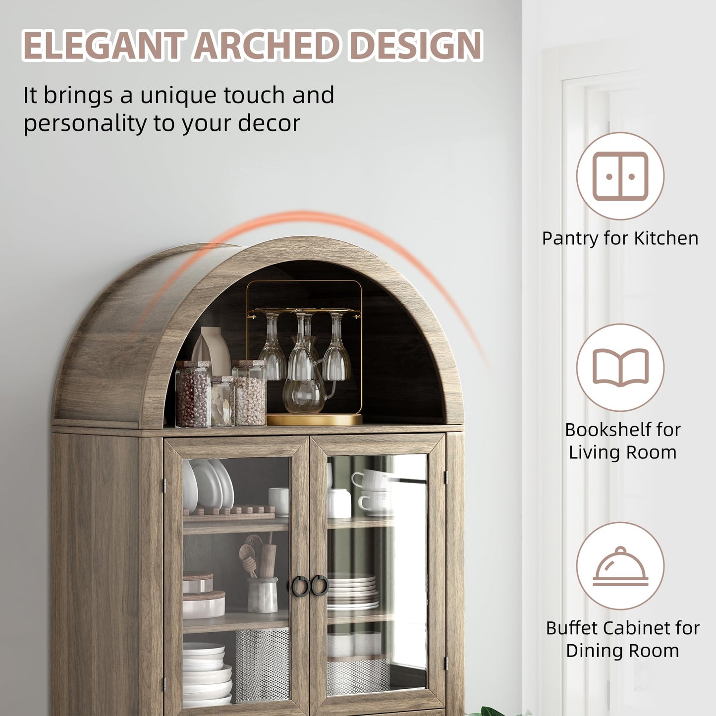 VAXZOFI Arched Kitchen Pantry Cabinet, 71" Tall Wood Kitchens Storage Cabinets with Glass Door and Adjustable Shelves, Modern Farmhouse Versatile Cupboard for Kitchen, Dining Room, Bathroom