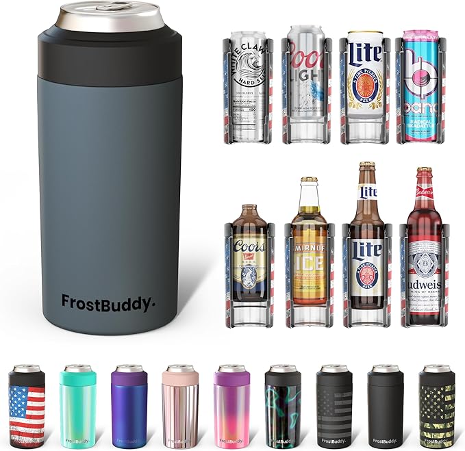 Frost Buddy Universal Buddy Can Cooler - Fits All - For Regular 12 & 16 oz or Slim-Size Bottles - Insulated Double-Walled Stainless Steel (Charcoal)