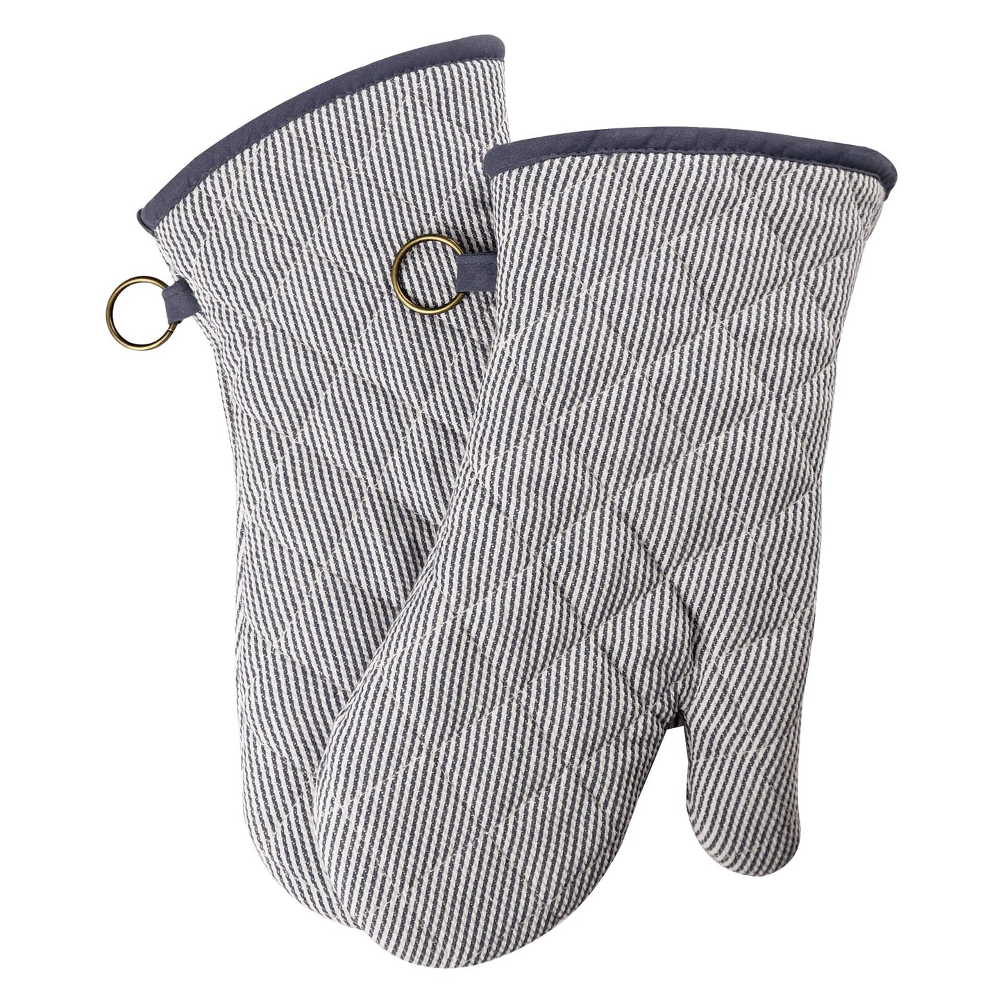 1 Pair Yarn Dyed Oven Mitts 100% Cotton Heat Resistant 470 Degree Gloves Men Women Cooking Baking Barbecue BBQ Microwave Crafting Machine Washable Pot Holders Mittens (Grey)