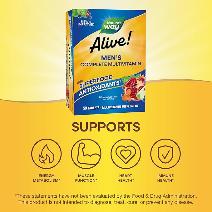 Nature's Way Alive! Men's Complete Multivitamin, Supports Energy Metabolism & Muscle Function*, B-Vitamins, Superfood Antioxidants**, Gluten-Free, 50 Tablets (Packaging May Vary)