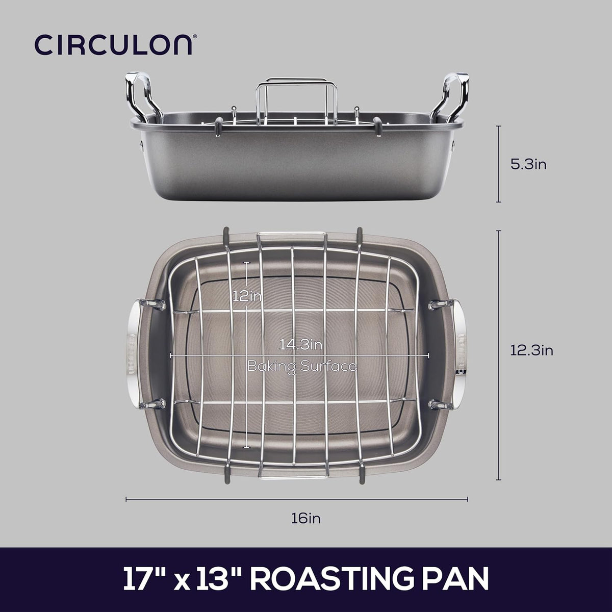 Circulon Nonstick Roasting Pan / Roaster with Rack - 17 Inch x 13 Inch, Gray