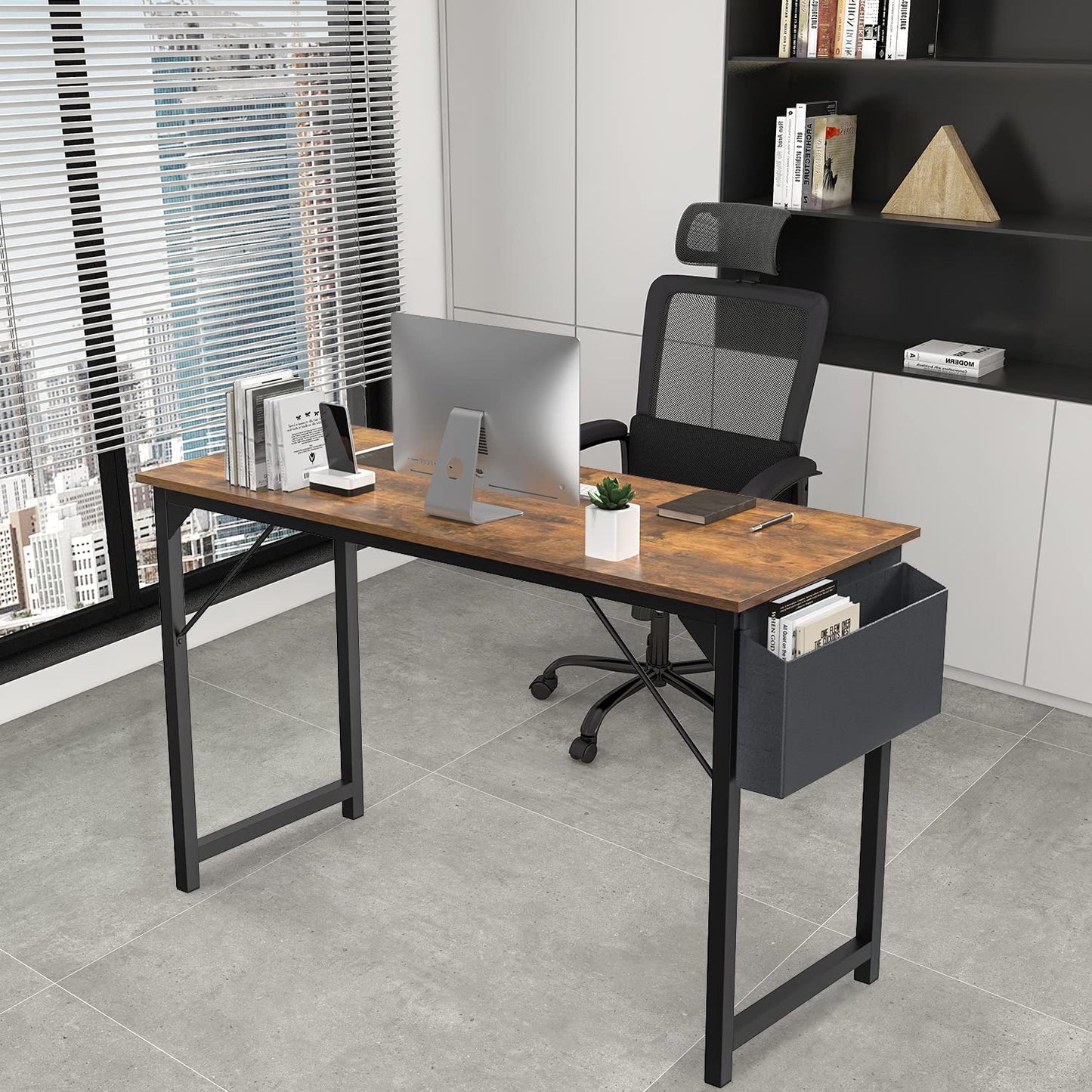 OLIXIS Computer Office Desk, 55 Inch Writing Work Study PC Wood Modern Desk with Storage Bag & Headphone Hook Simple Bedroom for 2 Person Kids Student Table, Rustic Brown