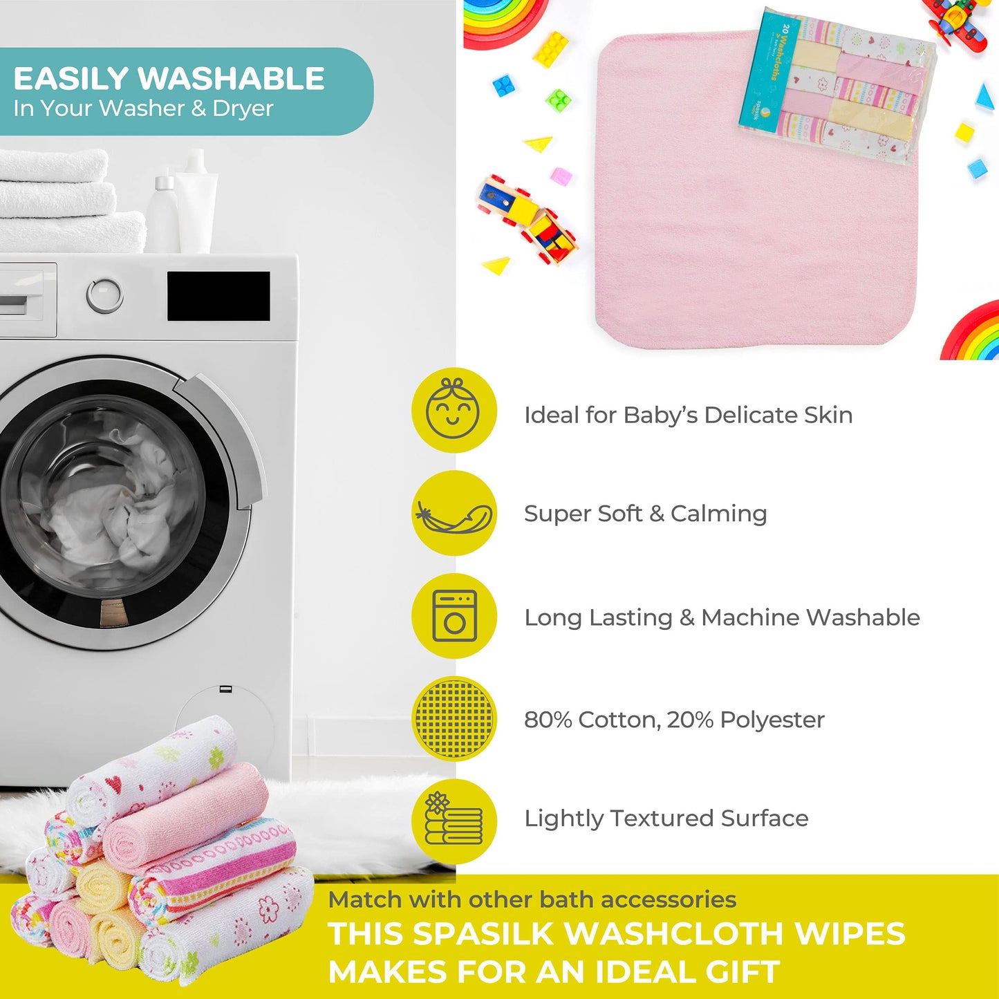 Spasilk Washcloth Wipes Set for Newborn Boys & Girls, Soft Terry Washcloth Set, Pack of 20, Pink Lines, 20 Pack