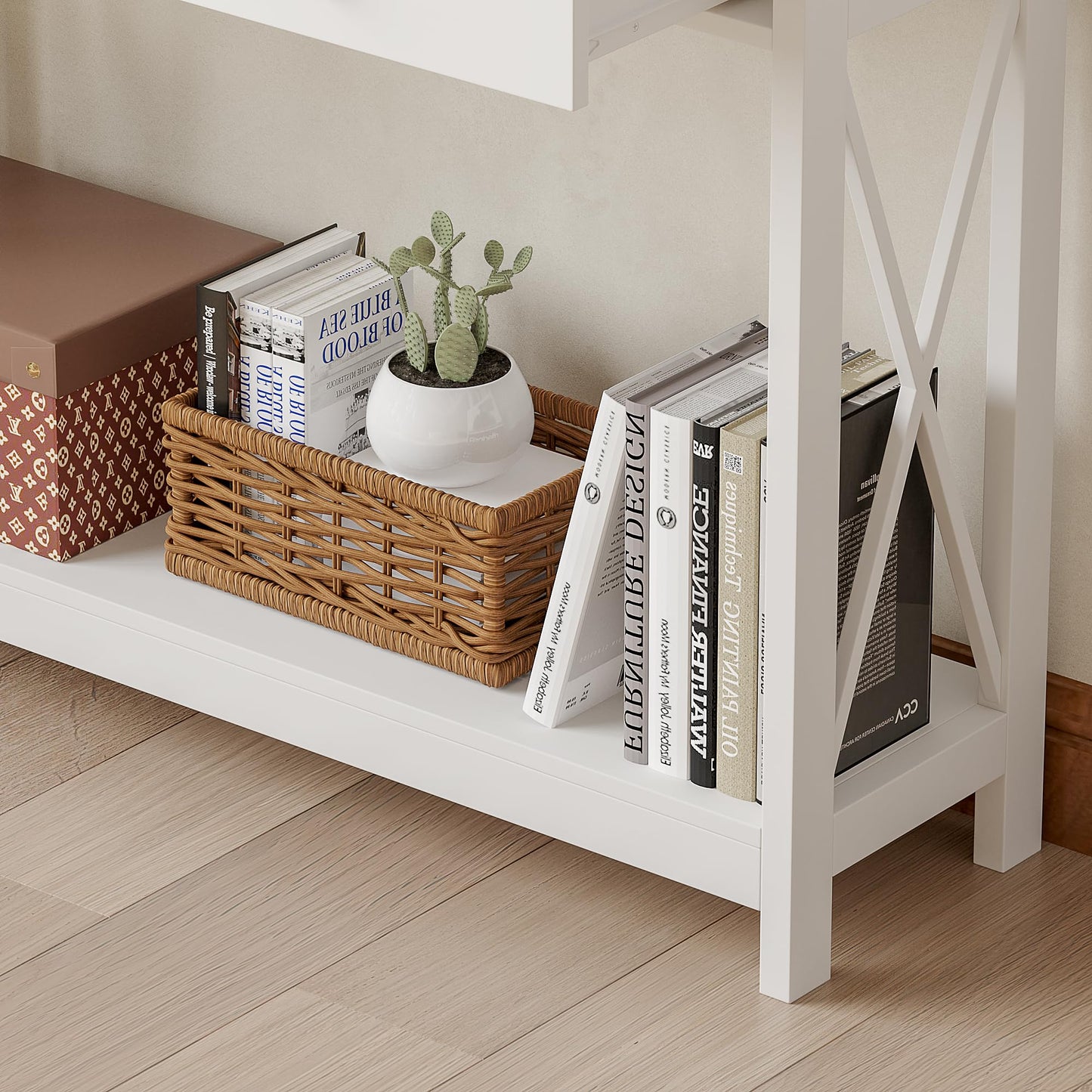 Treocho White Console Table with Drawer and Storage Shelves, Foyer Sofa Table Narrow for Entryway, Living Room, Hallway