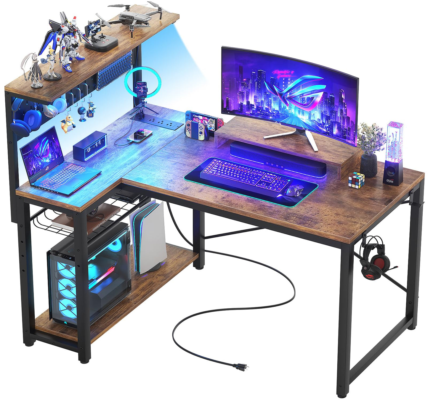 Homieasy Small Gaming Desk with Power Outlets Pegboard LED Light, 43 Inch L Shaped Computer Desk with Monitor Stand Storage Shelves, Reversible Corner Desk with Headset Hooks, Rustic Brown