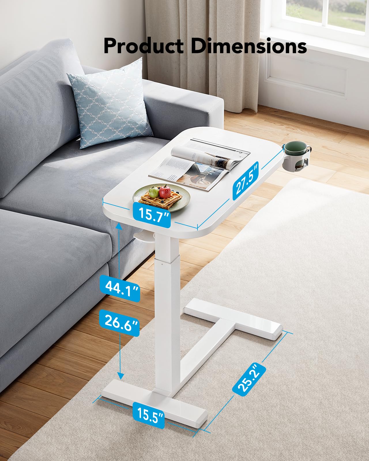 HUANUO Bedside Table with Wheels, Height-Adjustable Rolling Computer Cart, Overbed Table with Cup Holder, Pneumatic Laptop Standing Desk for Home Office, White (27.6" x 15.7")