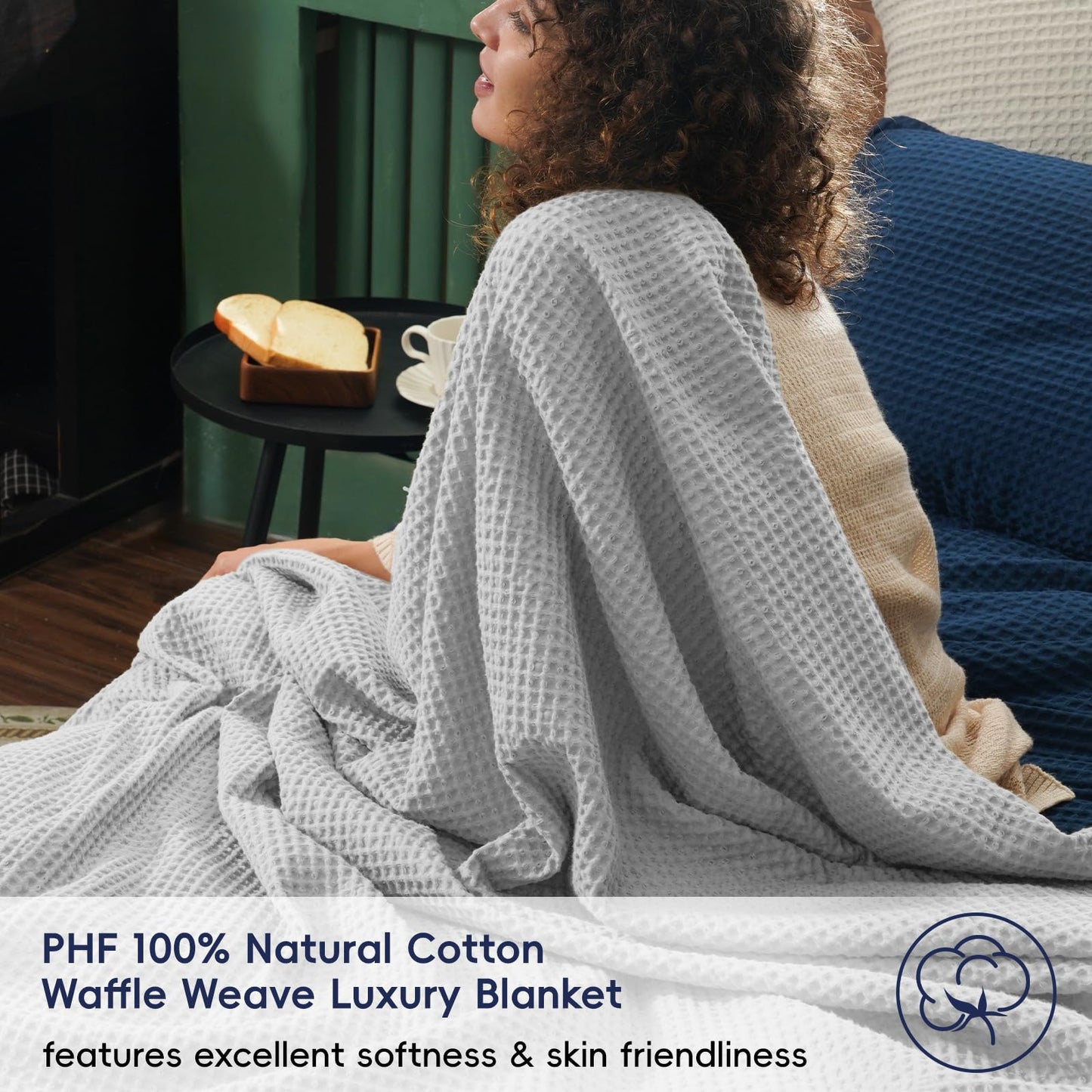PHF Pre-Washed Cotton Waffle Weave Blanket King Size for Bed,Snag Proof Throw Blanket for Couch Spring Summer Lightweight Breathable,Oeko-TEX Certified,Machine Washable,Home Decor Gift，Light Grey