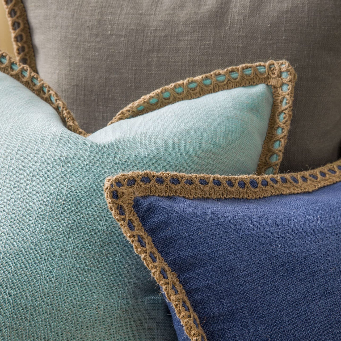 Phantoscope Pack of 2 Farmhouse Decorative Throw Pillow Covers,Solid pattern for home Burlap Linen Trimmed Tailored Edges Light Turquoise 18 x 18 inches, 45 x 45 cm