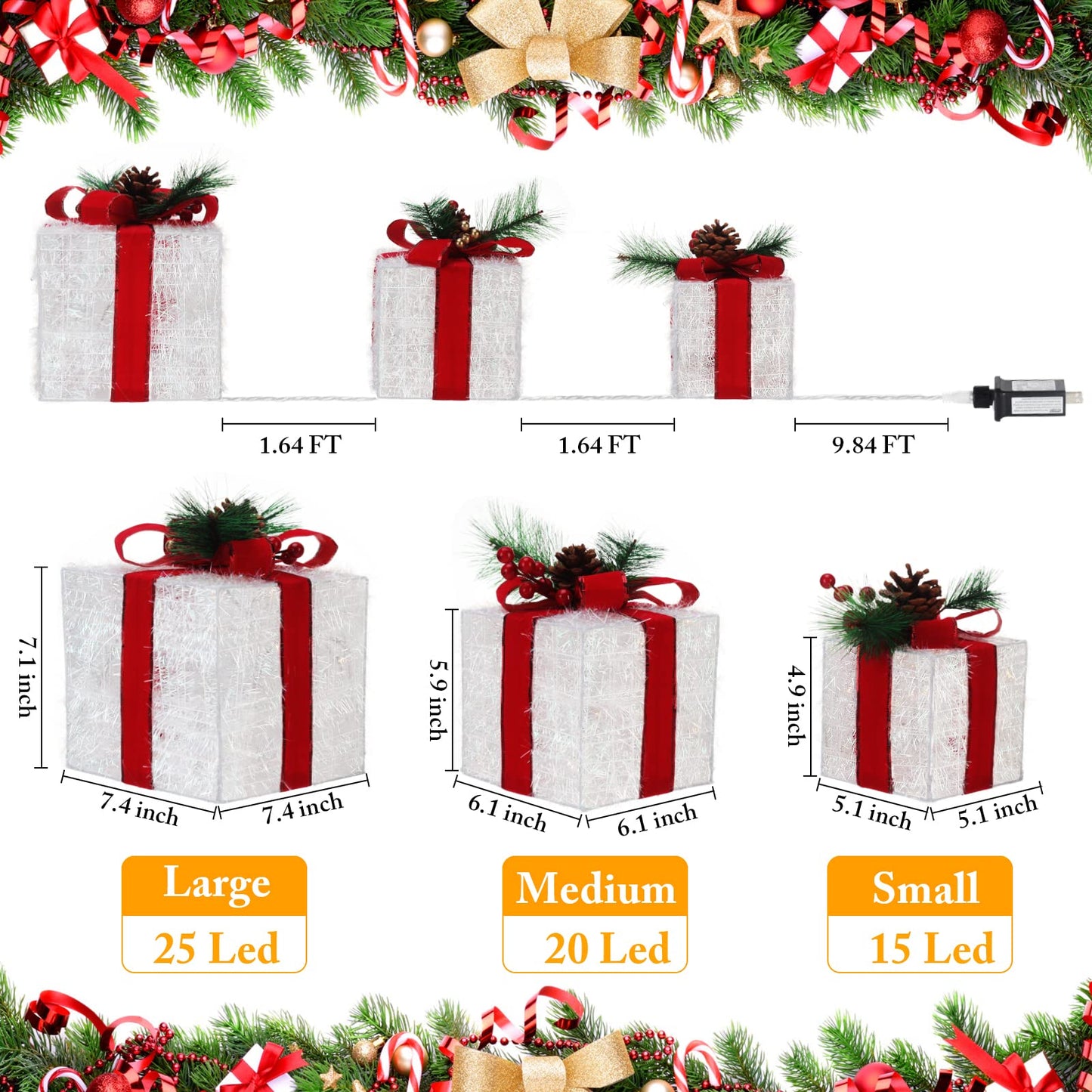 Elegear Christmas Lighted Gift Boxes, Christmas Decorations Indoor 8 Modes & Timer Function Set of 3 Plug-in Light Up Present Boxes with 60 LEDs Christmas Decor with Pine Cones for Holiday Party Xmas