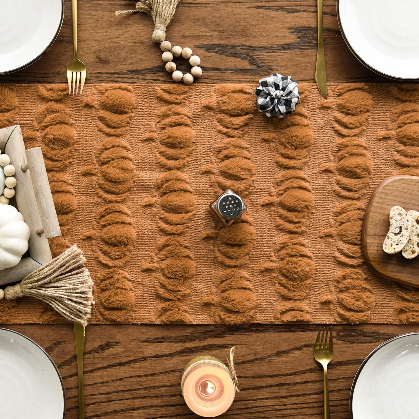 Artoid Mode Caramel Soft Plush Faux Fur Jacquard Pumpkins Fall Table Runner, Seasonal Autumn Kitchen Dining Table Decoration for Home Party Decor 13x72 Inch