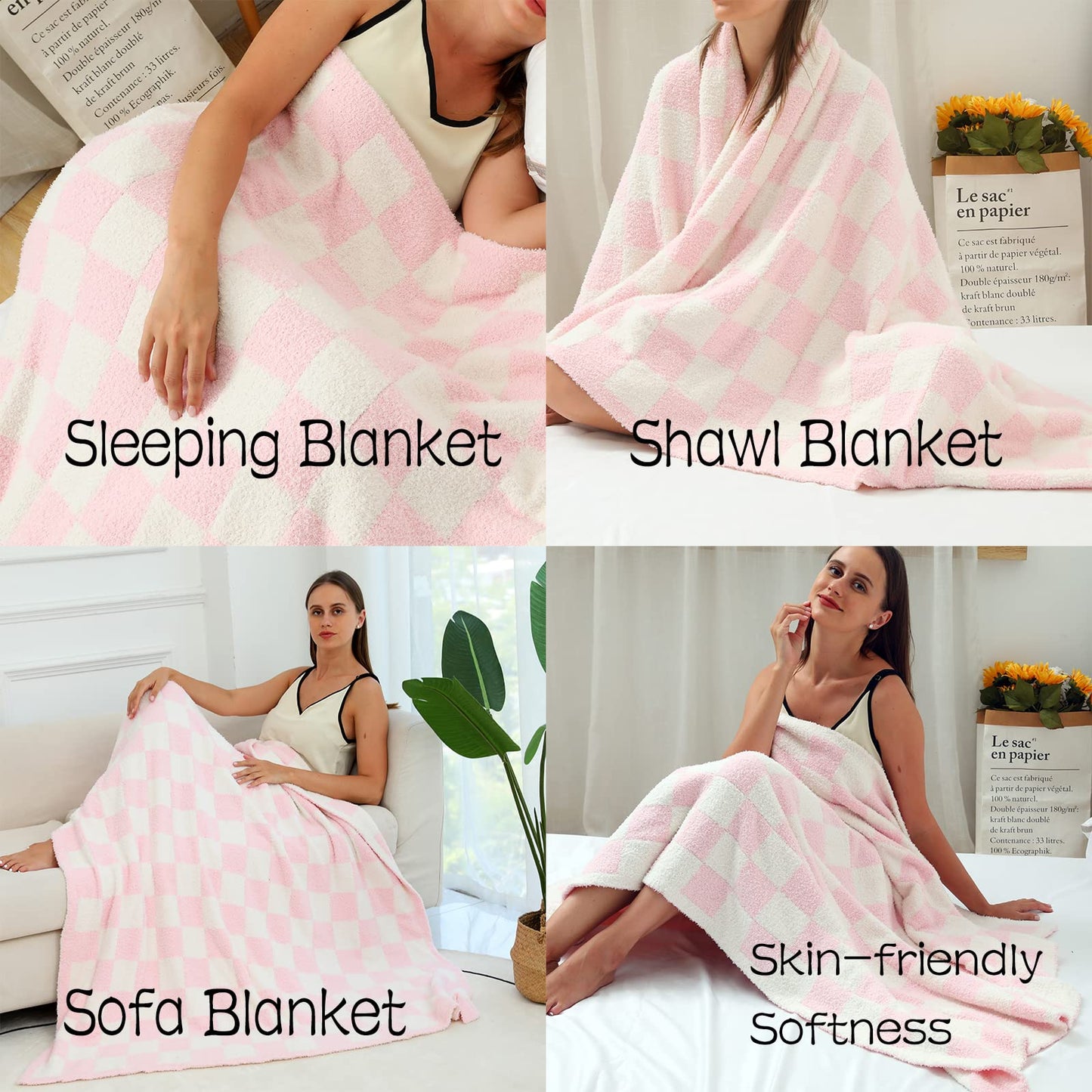 Ultra Soft Checkerboard Grid Blanket Cozy Buffalo Check Throw Fluffy Knitted Reversible Throw Blanket Lightweight Fleece Checkered Blanket for Sofa Couch Bed Travel, Blush Pink, 51''x63''
