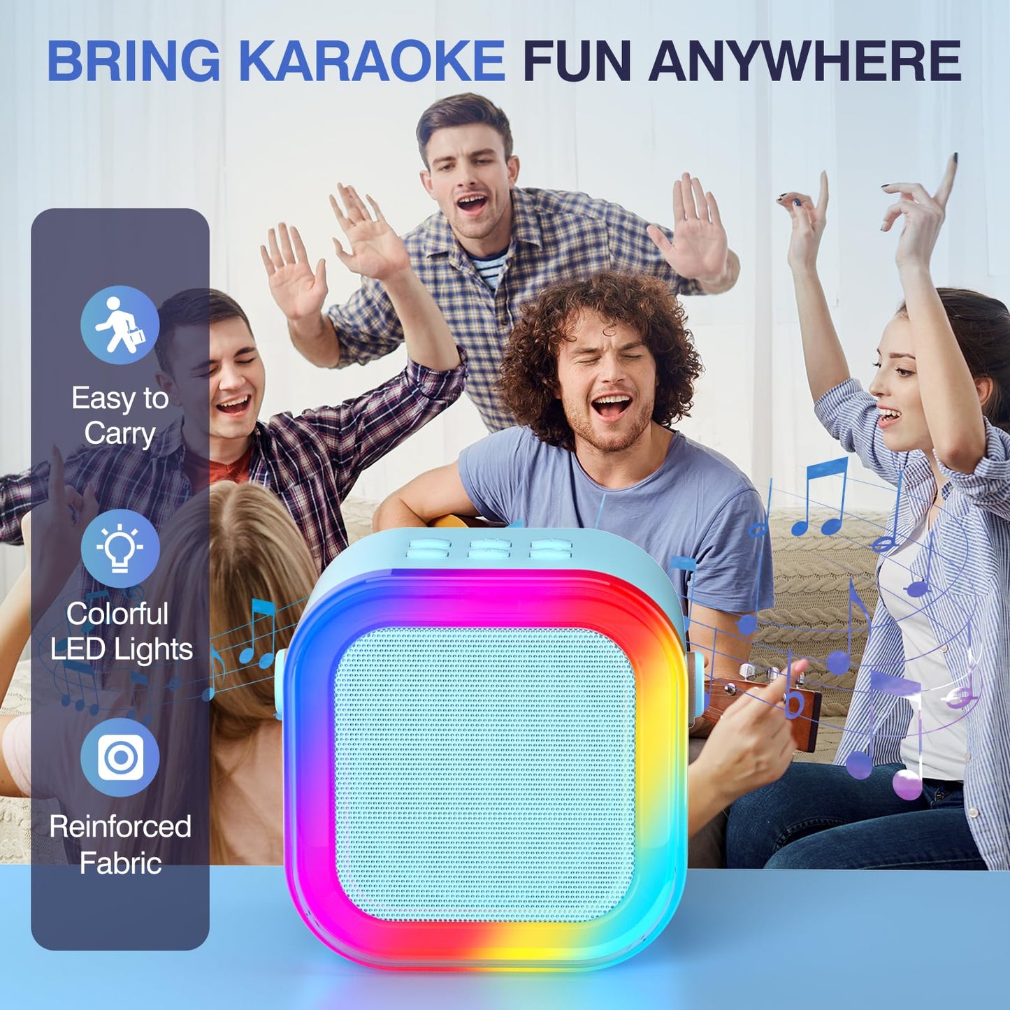 TAEMVV Mini Karaoke Machine for Kids Ages 2-12, Portable Bluetooth Karaoke Speaker with LED Party Lights & 2 Wireless Microphones, Perfect Birthday & Holiday Toys Gifts for Girls Boys (Blue)