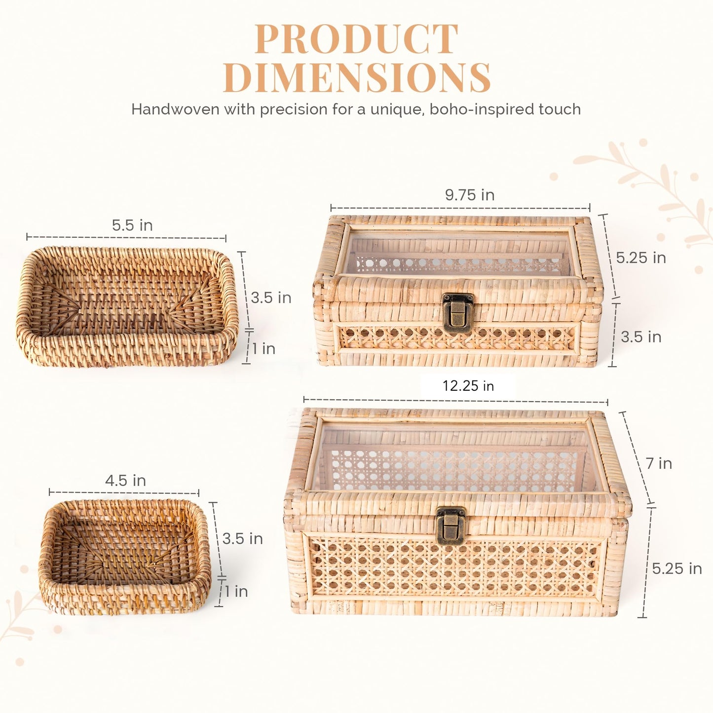 Rattan Display Boxes with Glass Lids - Rectangular Decorative Storage Box for Shelf - Set of 2 Woven Wicker Boho Cane Decor Organizers - 2 Removable Rattan Storage Trays
