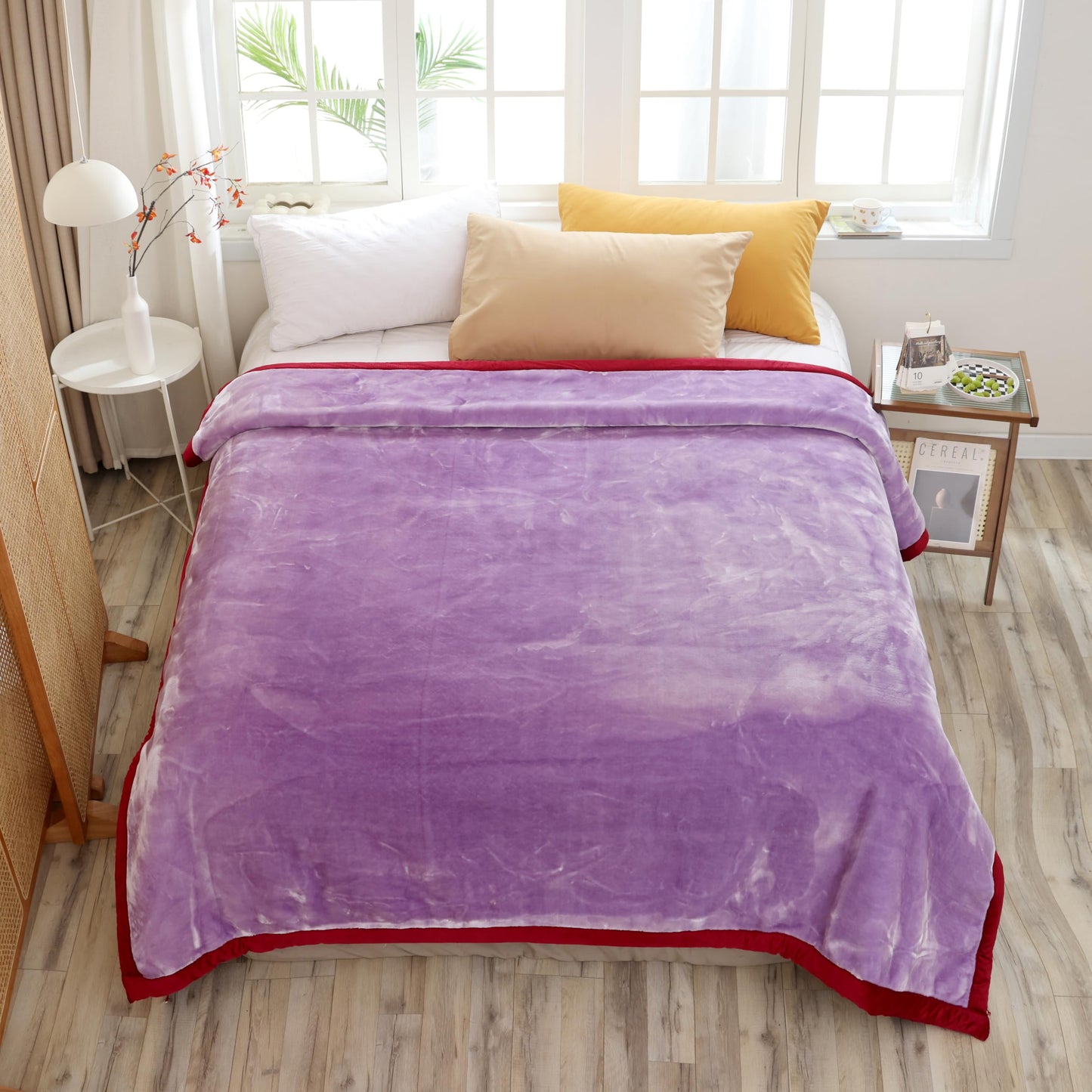 Hiyoko 11.5lbs Heavy 2Ply Embossed Blanket Reversible - Thick Warm Korean Mink No-Lints, Valentine’s San Marcos Fleece Blanket, Mexican Blankets for Adults 85" x 95" Burgundy/Lavender