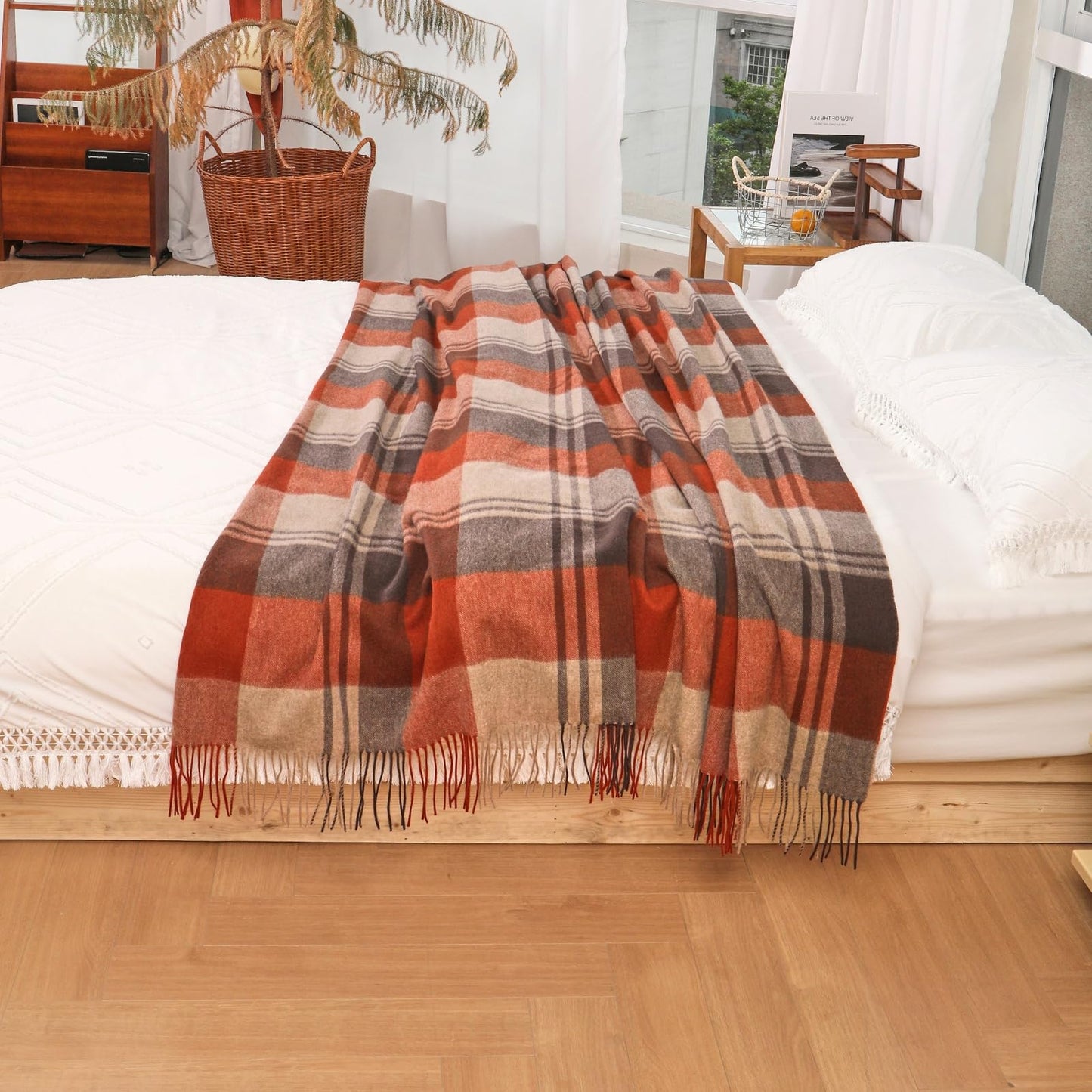WAMSOFT Wool Throw Blanket for Camping, 55" x 83" Large Wool Throw,Soft Blankets and Throws Knee Rug for Couch,Plaid Travel Size Blanket,1.5lb