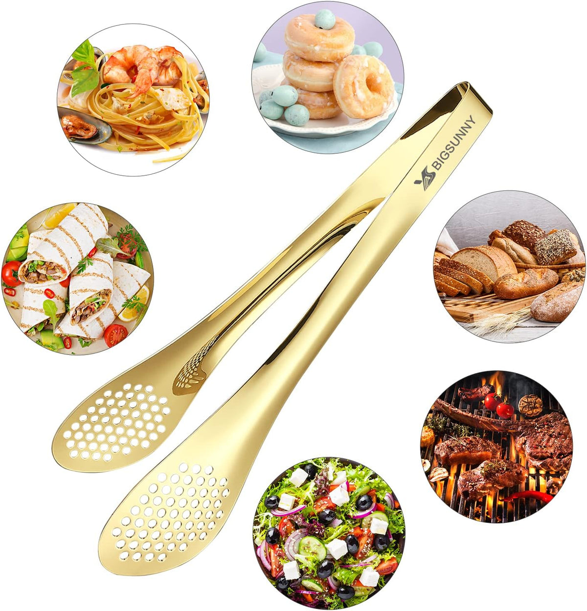 MSY BIGSUNNY Stainless Steel Buffet Tongs - Kitchen Food Tong for Cooking and Serving (Gold 11" Serving Tongs)