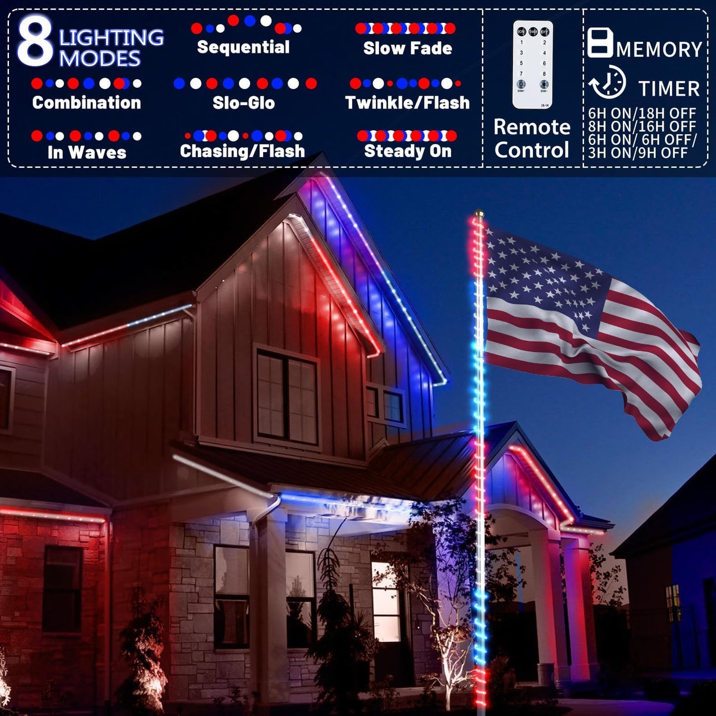 Kenburg 4th of July Red White and Blue Rope Lights with Patriotic Music, 50ft 600 LED 8 Modes Fourth of July Decorations Plug in Timer Tree Lights Outdoor for Independence Day Memorial Day