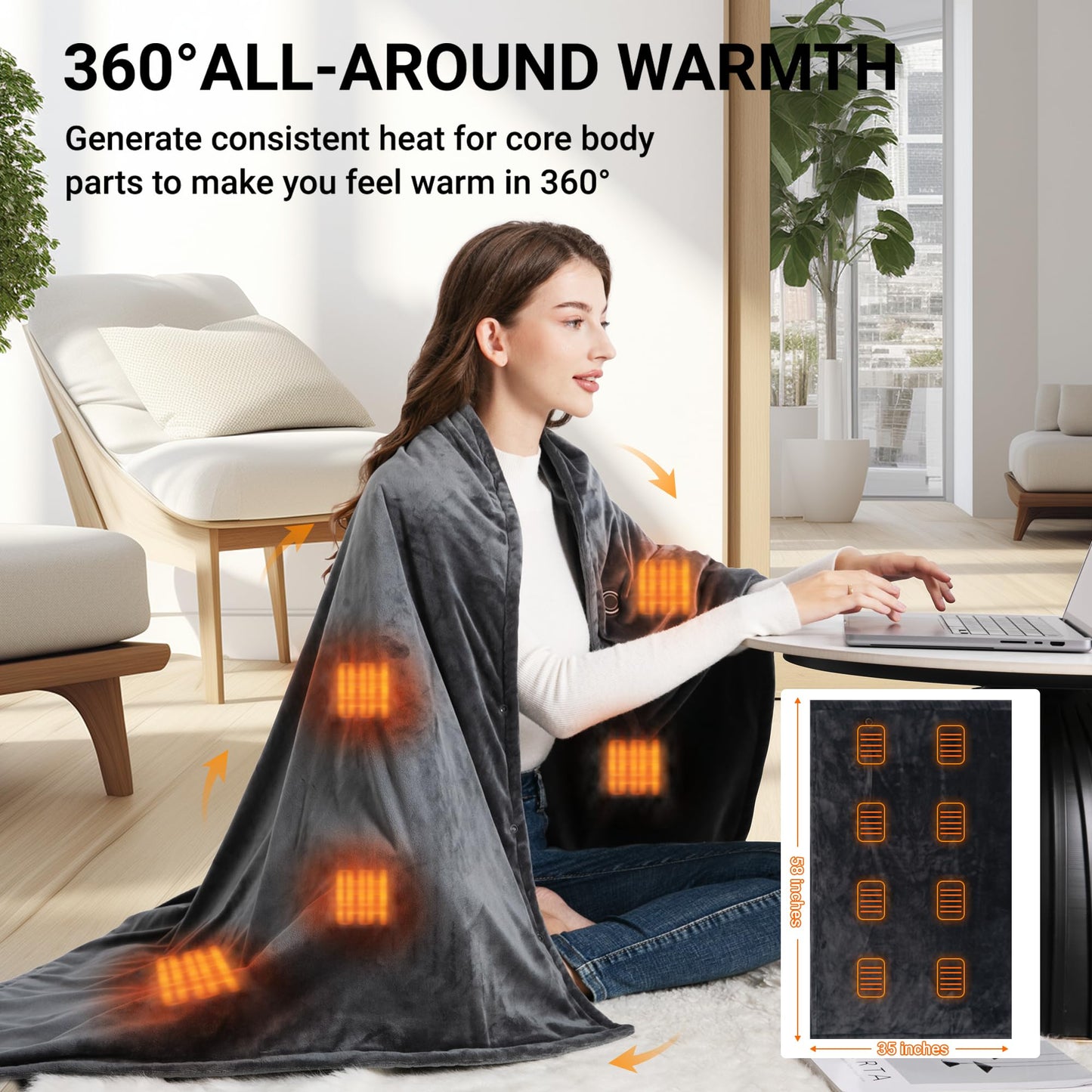Rutoab Heated Blanket with 20000mAh Power Bank, 58"X35" Dual-Sided Crystal Velvet, Rapid Heating, 3 Temps, Portable Cordless Heated Throw Shawl for Indoor & Outdoor Comfort (Dark Gray)