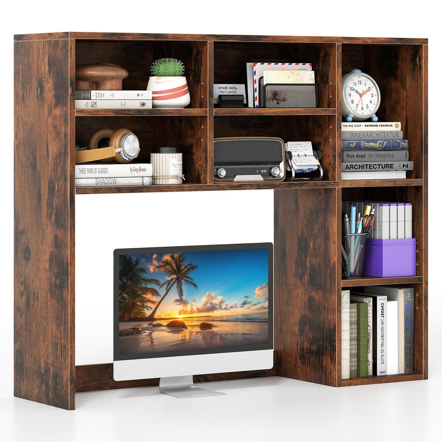 Giantex Desktop Bookshelf, Desk Hutch Dorm w/ 7 Cubes & 3 Adjustable Shelves, Desk Shelf for Up to 27" Computer Monitors, Wooden Desktop Storage Organizer for Dorm College Office Home, Rustic Brown