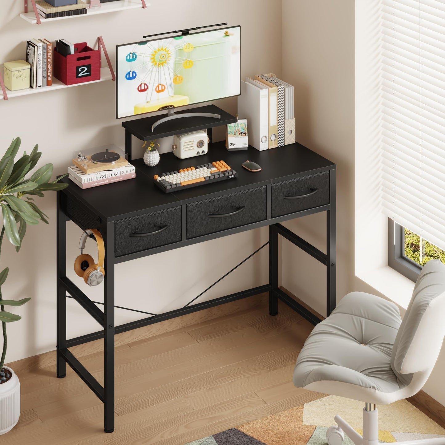 HIGDBFE Small Computer Desk 30 Inch with 3 Fabric Drawers, Office Desk with LED and Monitor Stand, Gaming Desk with Hooks for Small Space, Study Writing Table for Kids Bedroom, Black