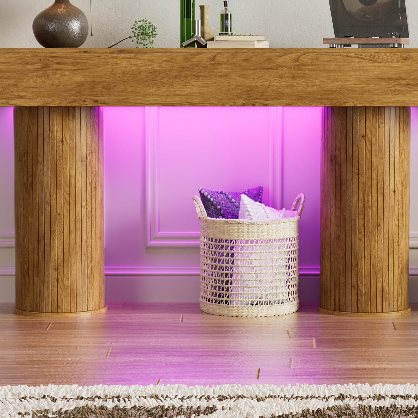 CASANOOKK 63-Inch Long Farmhouse Console Table,Wood Entryway Table with LED Light,Narrow Sofa Table Behind The Couch,Multiple Lighting Modes Adjustable,for Living Rooms,Entryway,Hallway,Rustic Brown