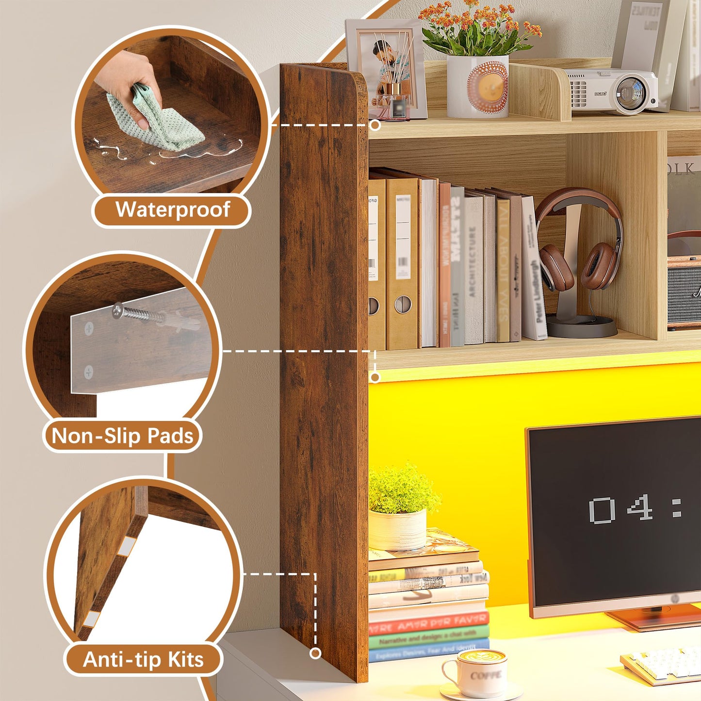 REIBII Desk Hutch Dorm for Computer Monitor Up to 27", Dorm Desk Hutch Top Only with RGB Light Strip, Wooden Desktop Bookshelf with 6 Shelves, 3-Tier Desktop Shelf for Home Office Dorm, Rustic Brown