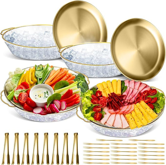 Baderke 4 Sets 11.8" Chilled Serving Tray for Parties Round Iced Platter with Ice Underneath Stainless Steel Clip Fruit Fork Shrimp Cocktail Serving Dish for Oysters Crawfish Fruits (Gold)
