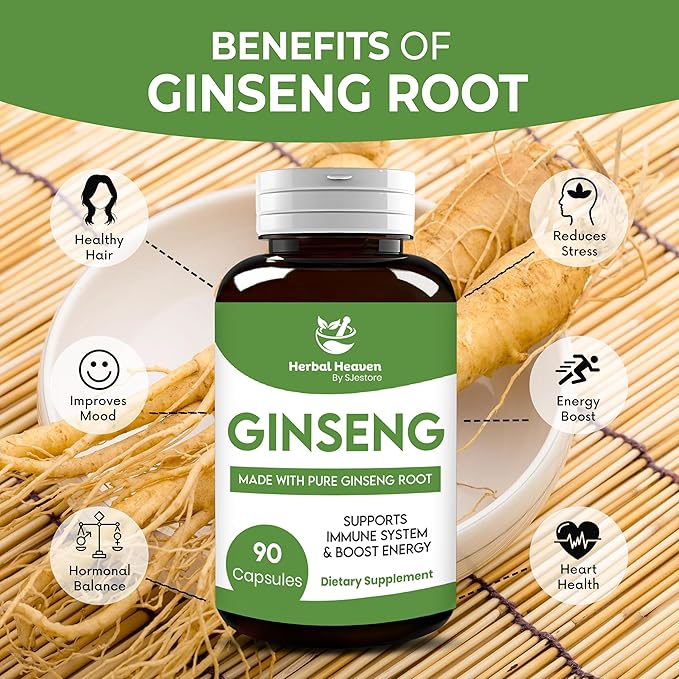Herbal Heaven Natural Energy and Focus Ginseng Capsules 90 Count for Vitality and Wellness - 100% Herbal Formula
