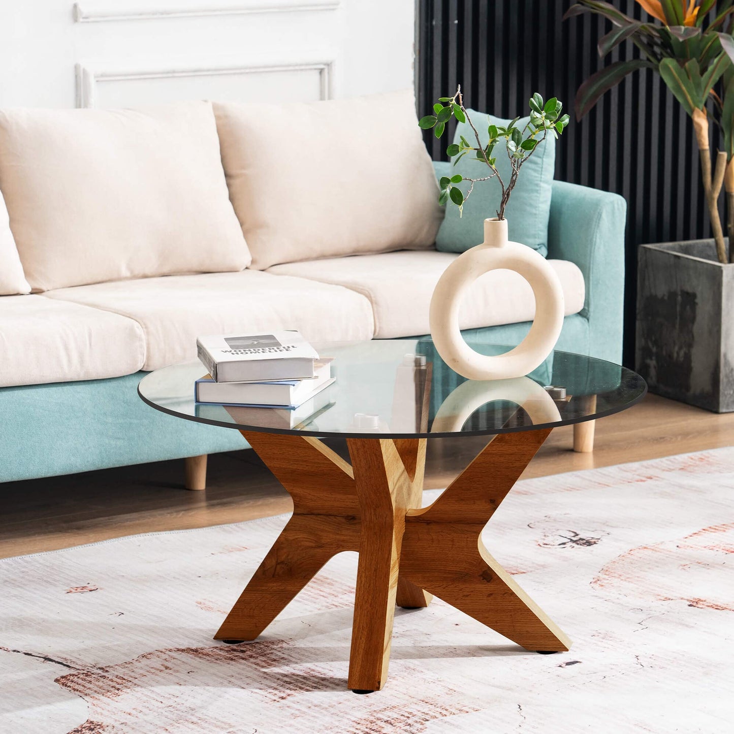 ivinta Round Glass Coffee Table, 31.5" Modern Center Table with Tempered Glass and MDF Legs for Living Room, Office, Tree (Rustic Brown)