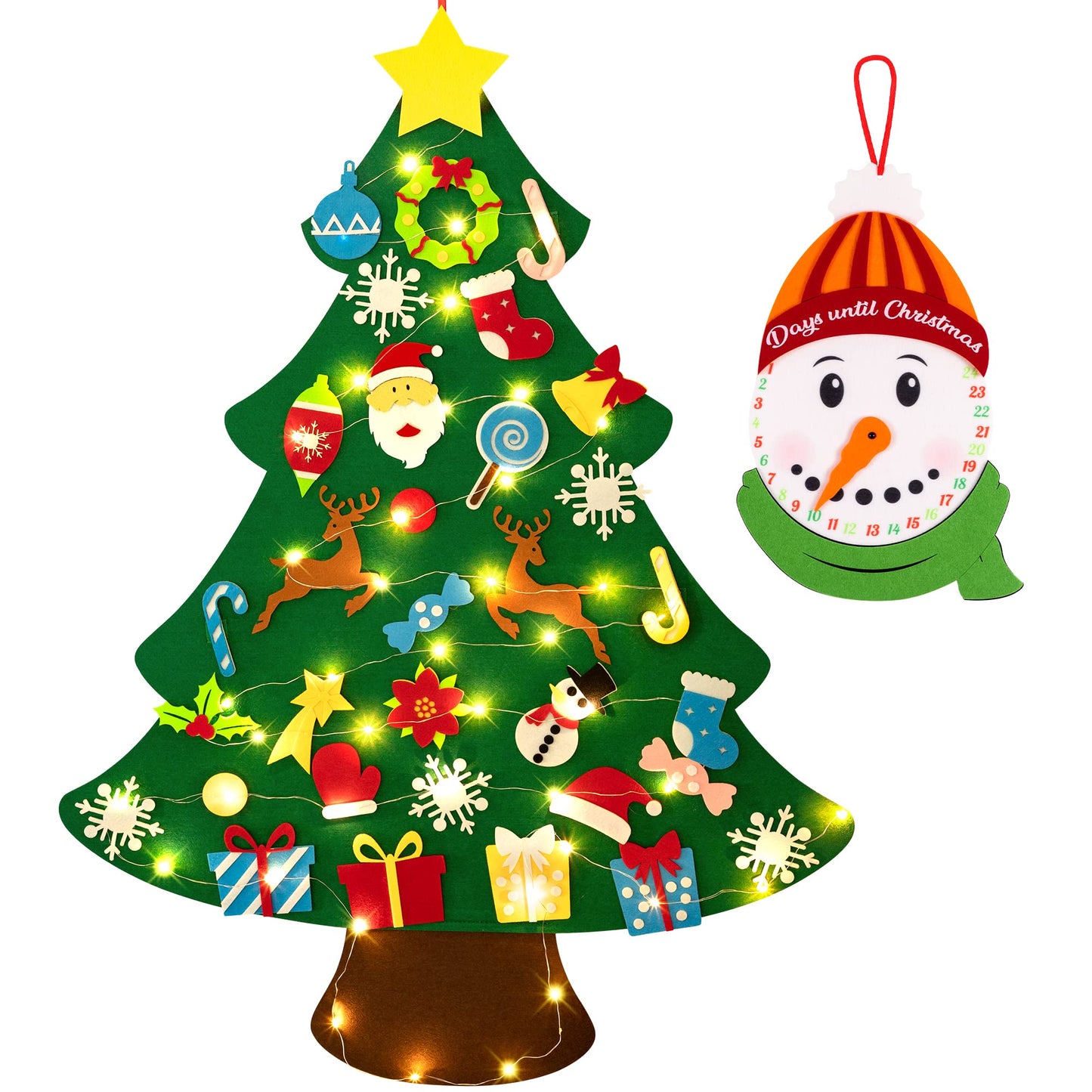 jollylife 3ft DIY Felt Christmas Tree Set + Snowman Advent Calendar - Xmas Decorations Wall Hanging 33 Ornaments Kids Gifts Party Supplies