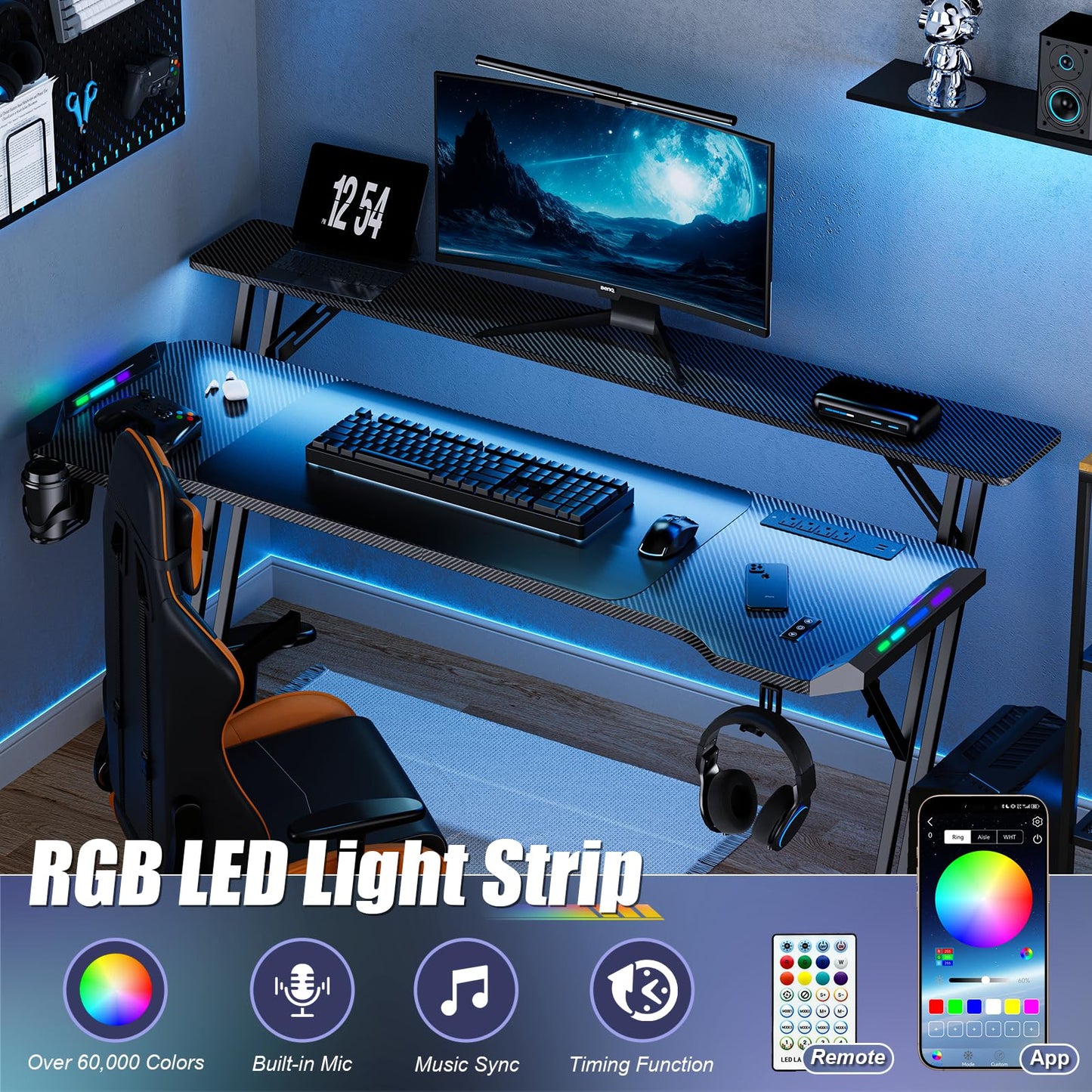 VidaTeco 63 Inch Smart Gaming Desk, Gamer Computer Desk with Phone-Controlled LED Lights & Mouse Pad, Power Outlet, Monitor Stand, Side Hook, Ergonomic Work Desks for Home Office, Carbon Fiber Black