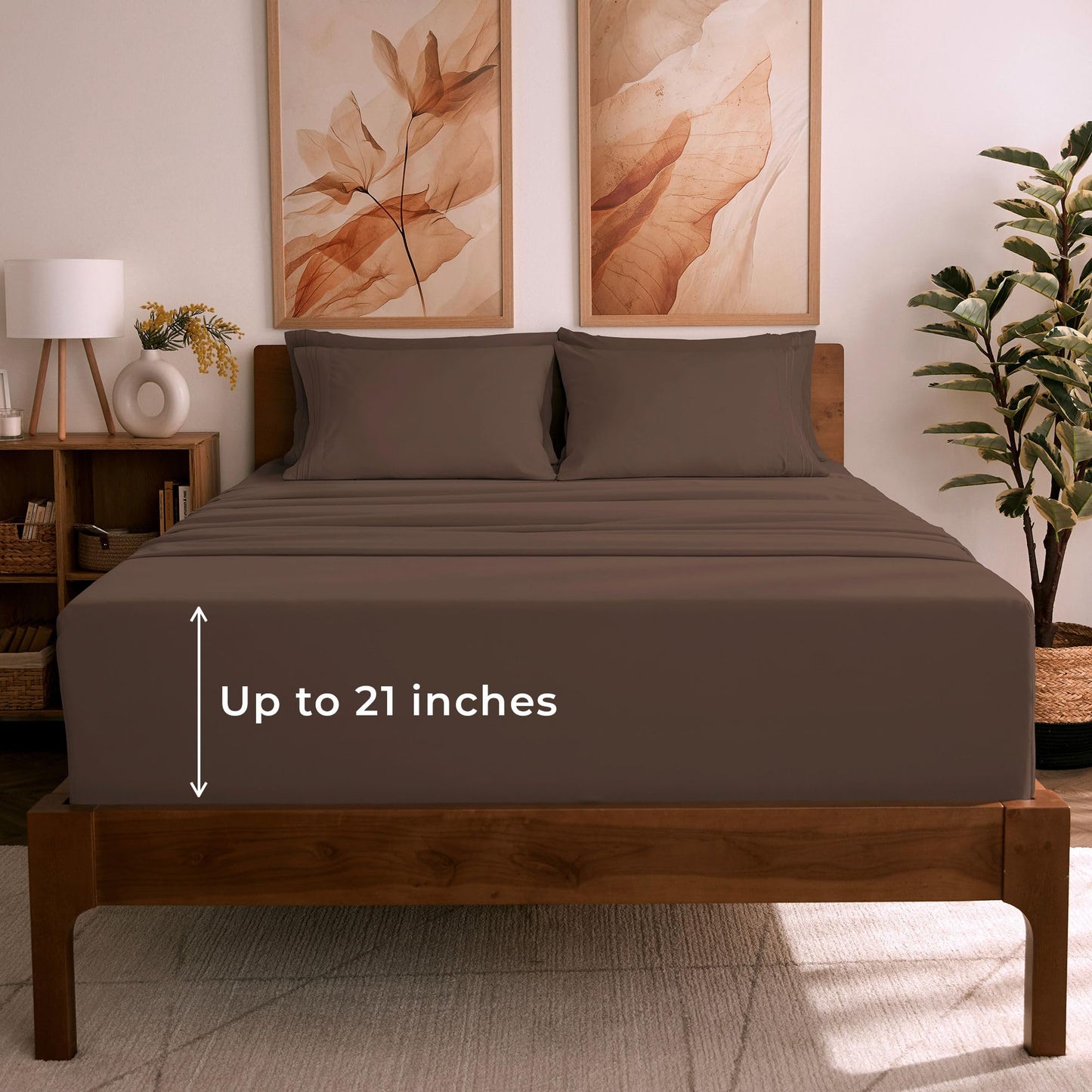 Mellanni King Sheet Set - 6-Piece Iconic Collection Bedding, (Including 4 Pillowcases), 21-Inch Extra Deep Pocket, Easy Care, Ultra Soft, Cooling Sheets, Brushed Microfiber - Brown