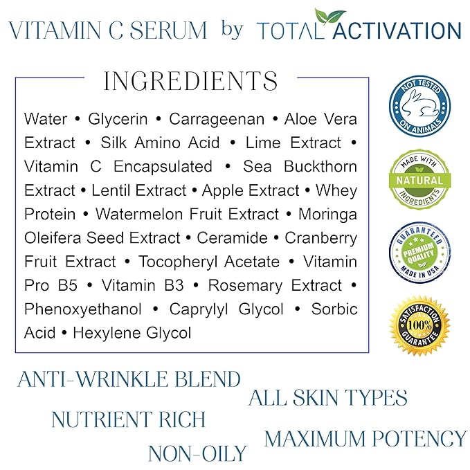 Vitamin C Serum for Face with Aloe Vera & Vitamin E, Anti-Aging, Hydrating Serum Smooth, Glowing Skin & Fine Line Treatment, Fast-Absorbing, 2oz