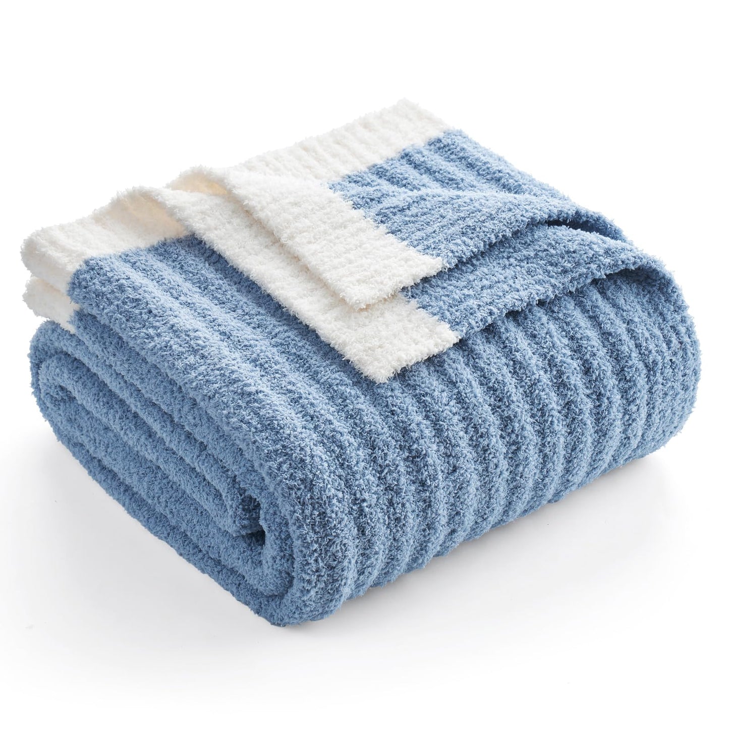 Snuggle Sac Ribbed Blue Throw Blanket for Couch, Microfiber Knit Stripe Throws, Soft Fuzzy Blankets for Couch, Sofa, Travel, Blue, 50x60 inches