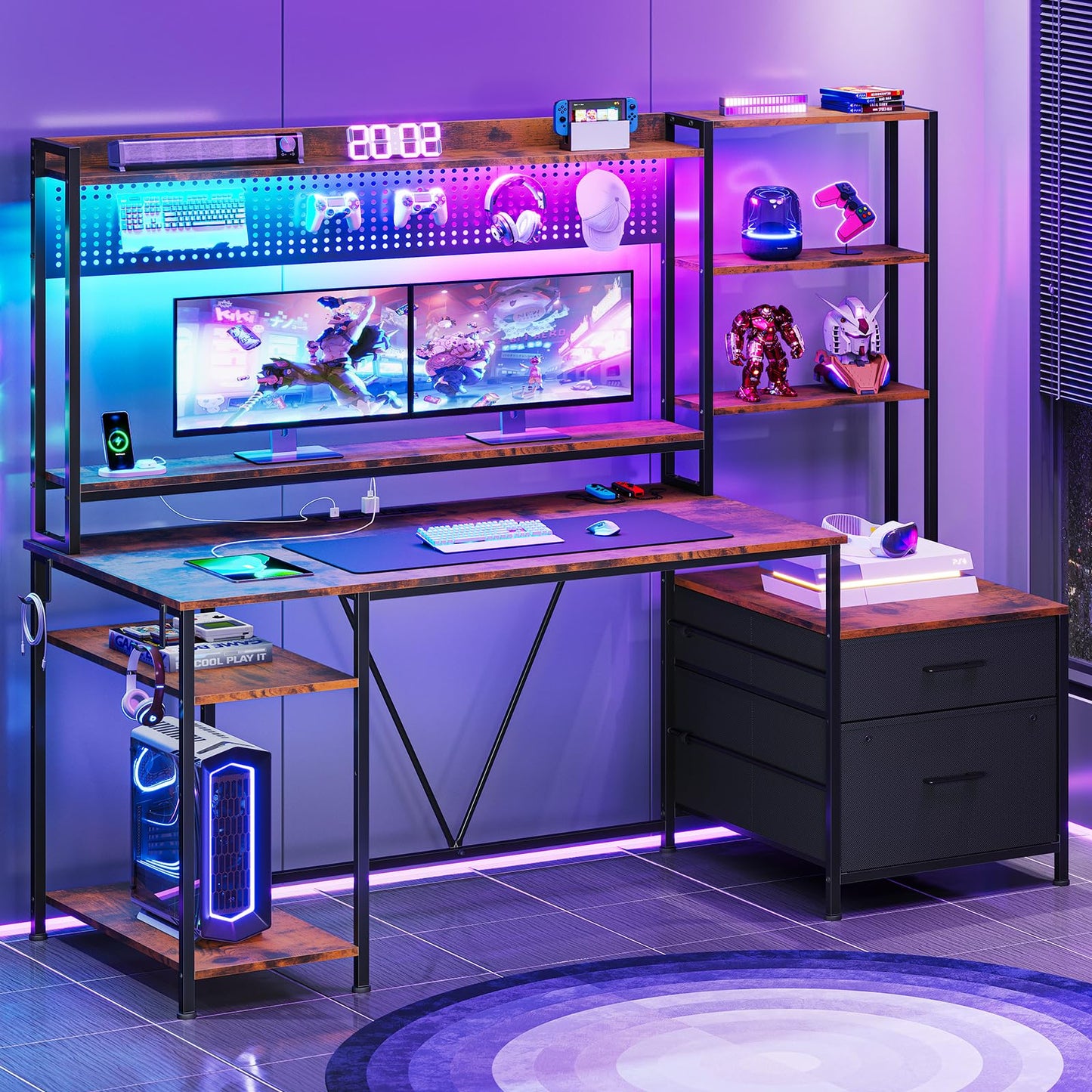 UPOSOJA Gaming Desk with Hutch, 65in Reversible Computer Desk with Power Outlets LED Light, Home Office Desk with Monitor Stand 2 Drawers 4 Storage Shelves Pegboard 8 Hooks Mouse Pad (Brown)