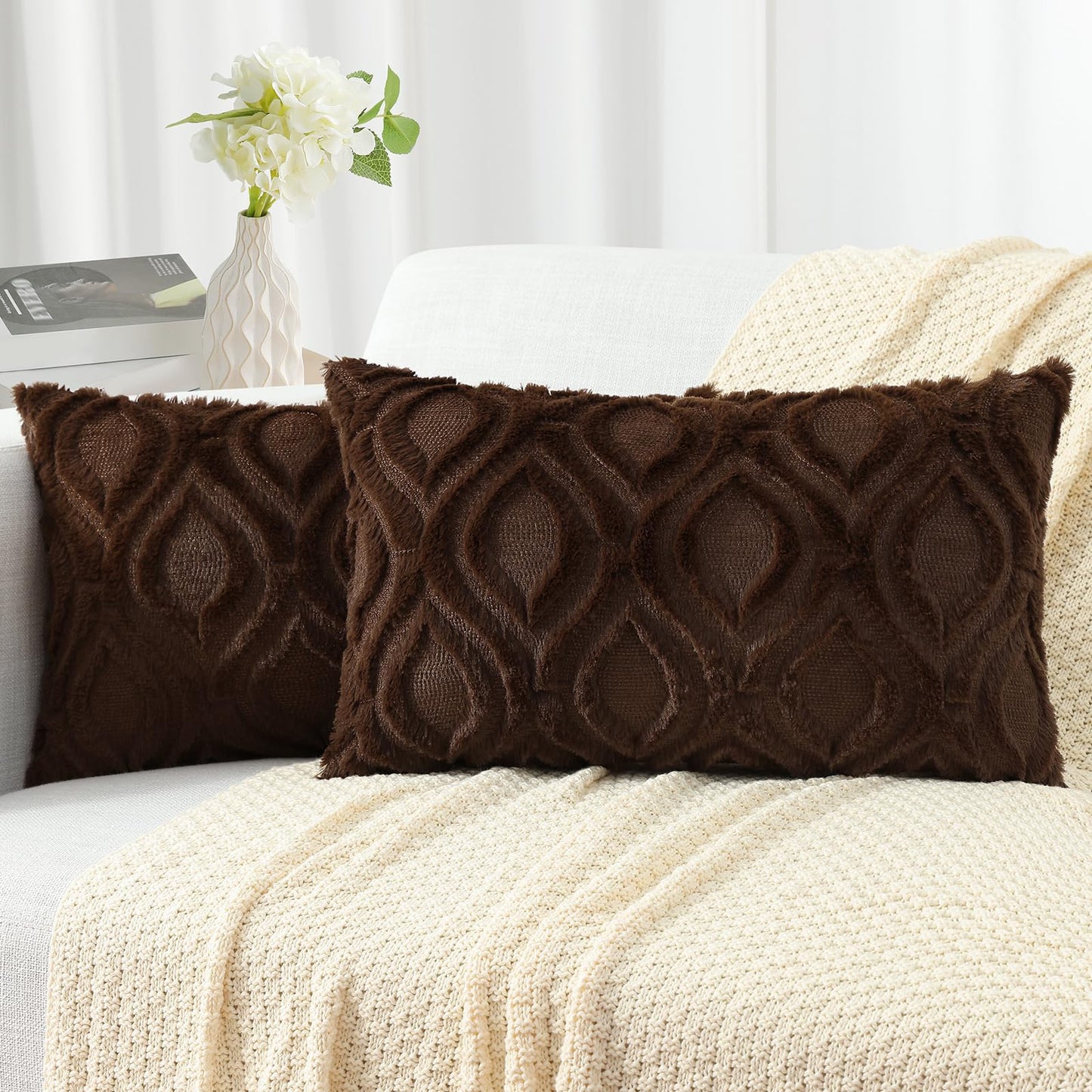 decorUhome Throw Pillow Covers 12x20 Inch Set of 2, Soft Plush Faux Wool Brown Solid Couch Pillow Covers, Accent Farmhouse Neutral Square Pillow Cases for Sofa Bed Living Room Home Decor