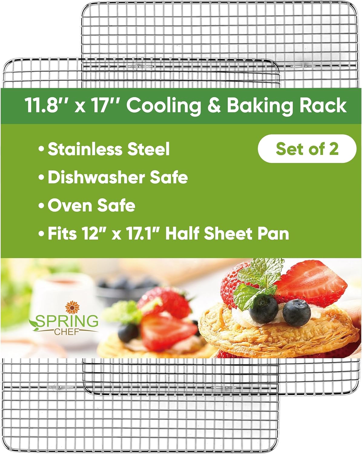 Spring Chef 11.8 x 17 Inch Stainless Steel Cooling Racks for Cooling & Baking - Oven Safe - Wire Roasting Racks for Oven Use - Fits Half Sheet Cookie Pan - Dishwasher Safe - Set of 2