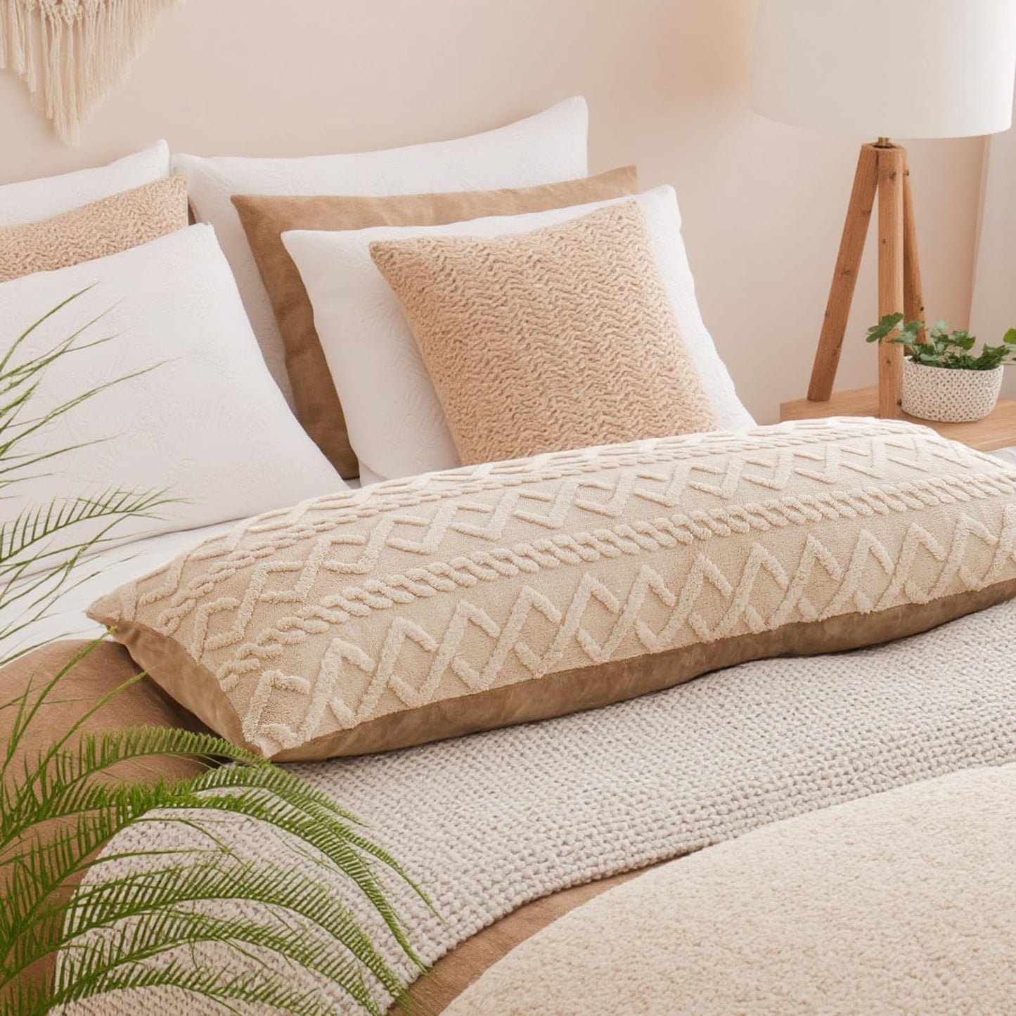 Chumerry Beige Fluffy Body Pillow Cover Faux Fur Pillowcase for Couch Bed Diamond Stripe Geometric Bed Pillow Cover Flannel Fleece Long Pillow Cover