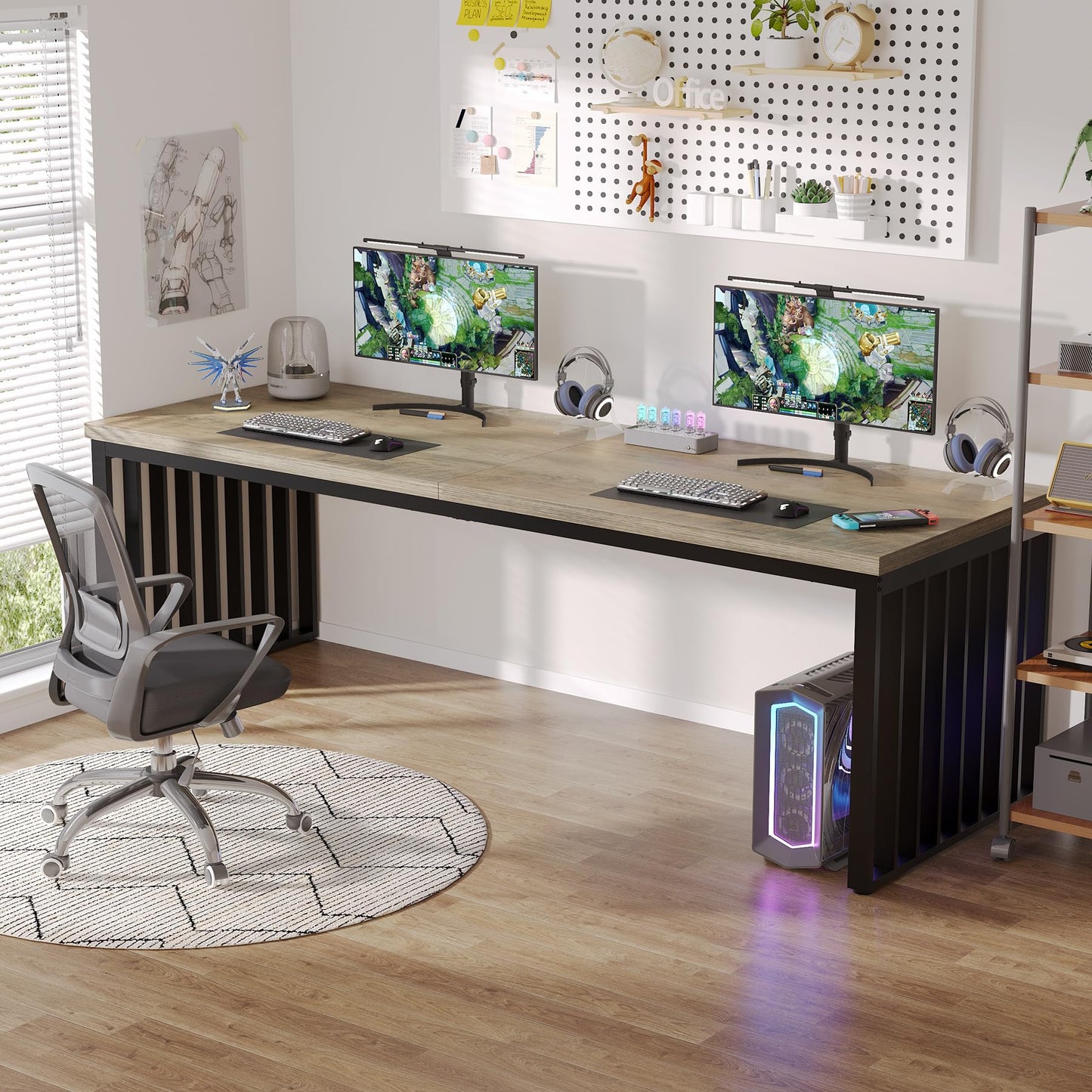 Tribesigns 78.74" Extra Long Computer Desk 2 Person Desk, Double Long Desk with Heavy Duty Metal Frame, Double Workstation Study Table for Home Office, Brown (Without Chair) (Gray & Black)