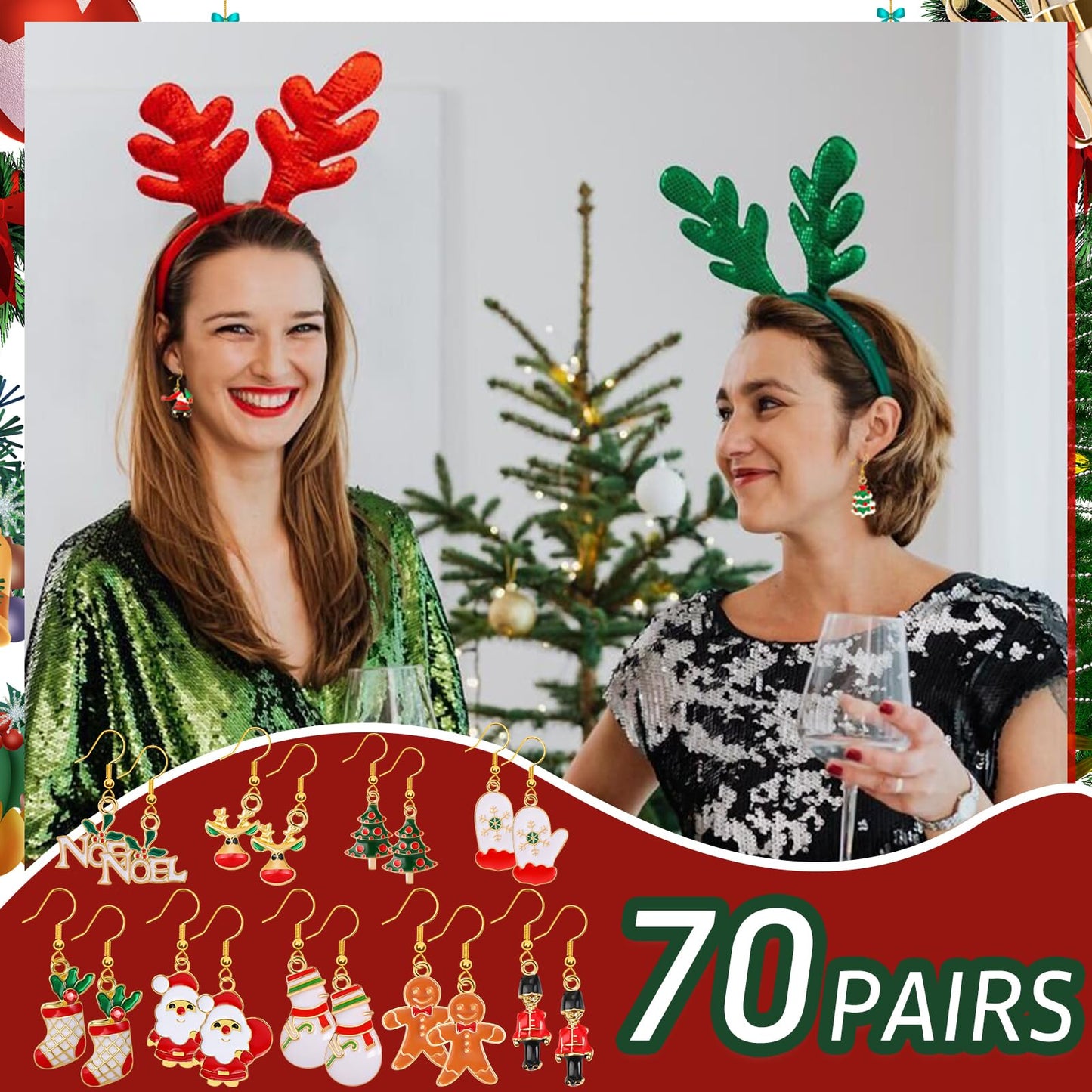 Gushu 70 Pairs Christmas Earrings for Women Girls, Bulk Christmas Gift Holiday Dangle Earrings Cute Xmas Stud Earrings Set Christmas Party Jewelry Gifts
