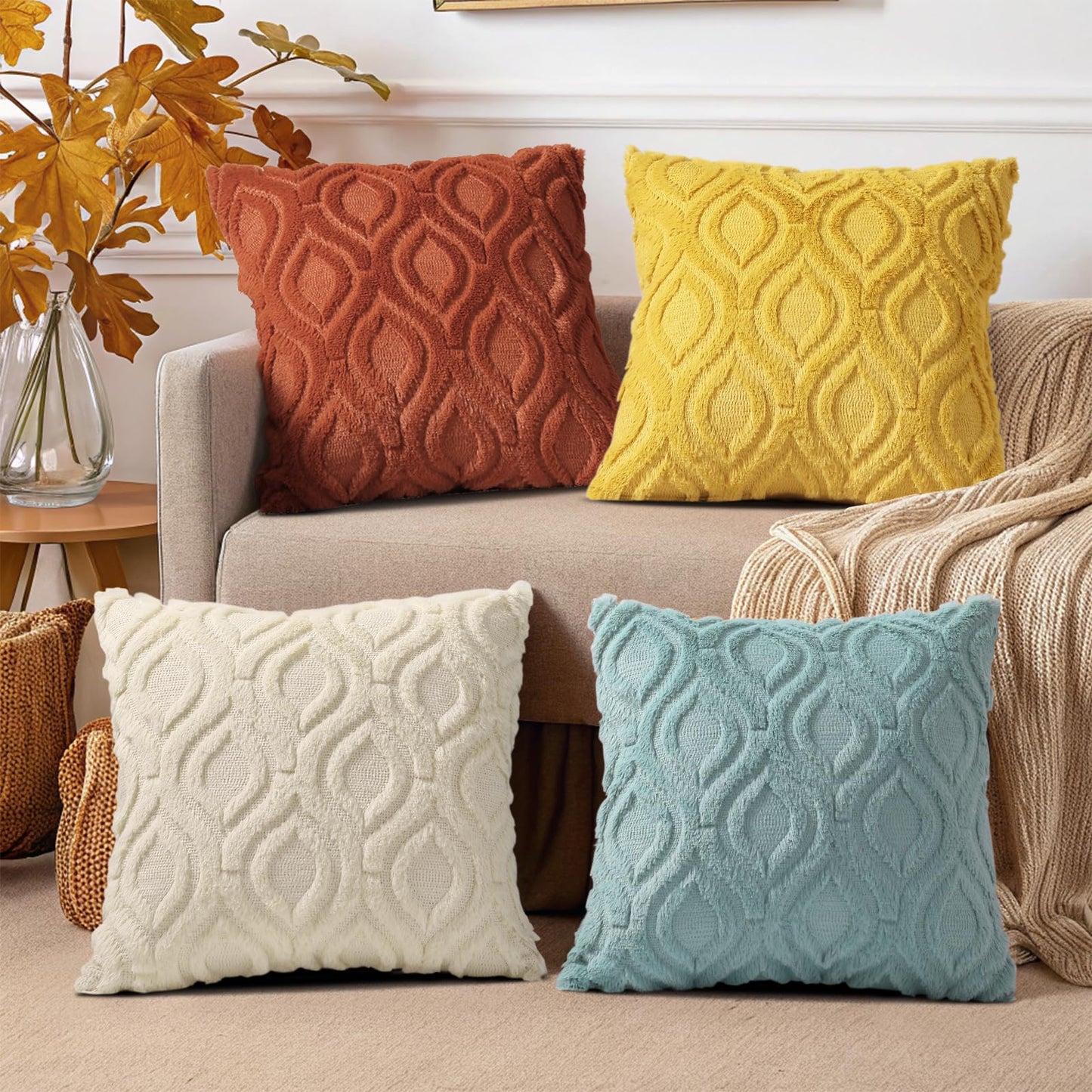 decorUhome Set of 4 Fall Throw Pillow Covers 18x18 Inch, Neutral Decorative Soft Plush Faux Wool Couch Pillow Covers, Farmhouse Pillow Cases for Sofa Bed Living Room Home Decor (Beige/Rust)