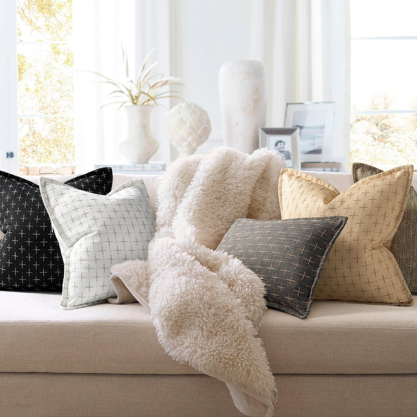 ZWJD Pillow Covers 18x18 Set of 2 Soft Polyester Textured Pillow Covers with Stylish Flange Edge Cozy Farmhouse Throw Pillows for Couch Bed Sofa Living Room