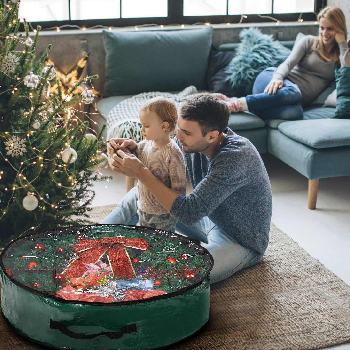 Propik Christmas Wreath Storage Bag 36" - Garland Holiday Container with Clear Window - Tear Resistant Fabric - 36" X 36" X 8" (Green)