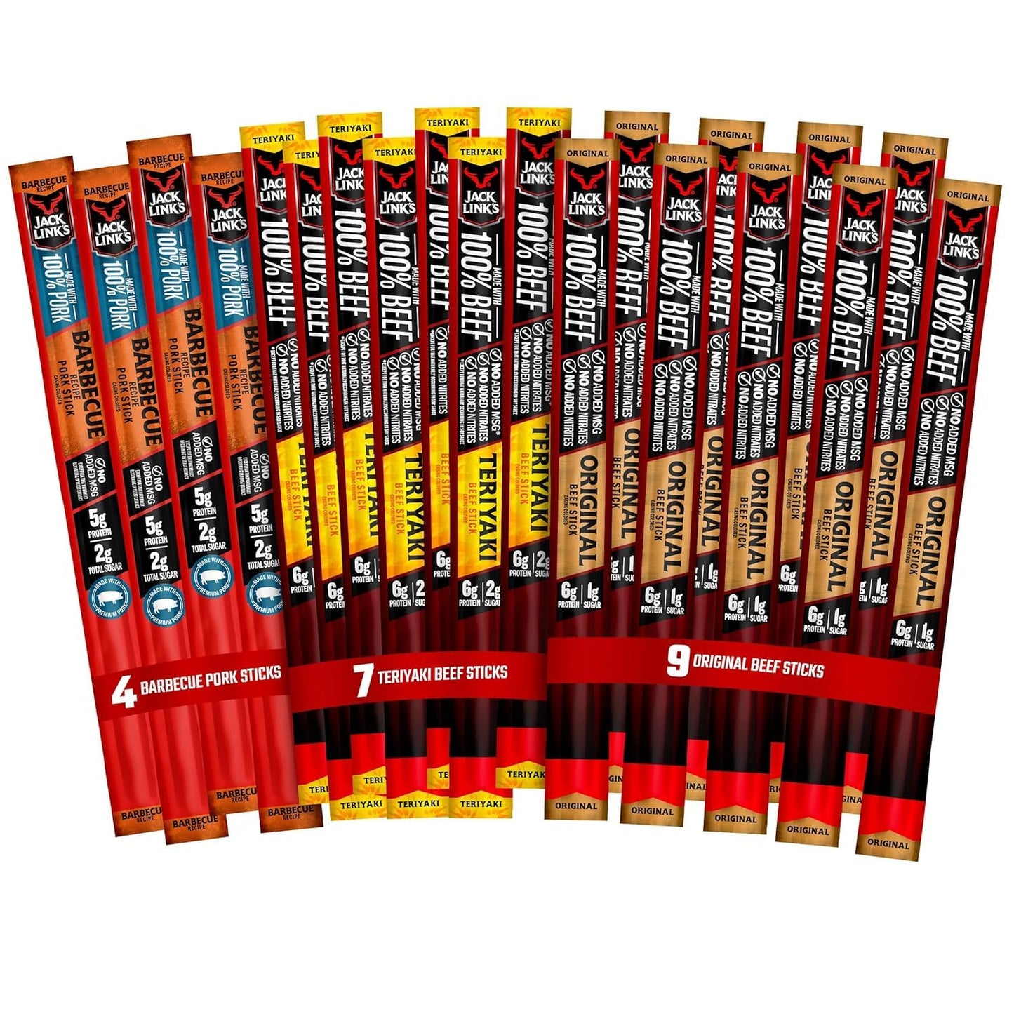 Jack Link's Meat Sticks Variety Pack, Original, Teriyaki, and Barbecue Pork - Protein Snack, Meat Snack Sticks Made with 100% Beef or Pork, Keto Friendly - 0.92 Oz. (20 Count)