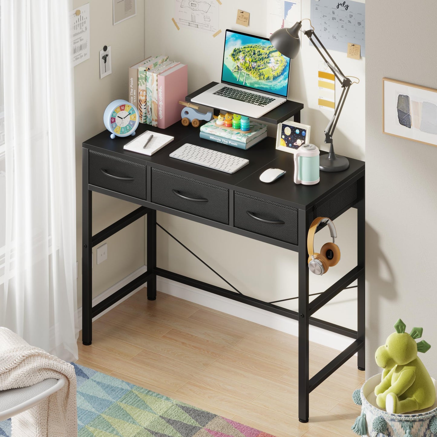 HIGDBFE Small Computer Desk 30 Inch with 3 Fabric Drawers, Office Desk with LED and Monitor Stand, Gaming Desk with Hooks for Small Space, Study Writing Table for Kids Bedroom, Black